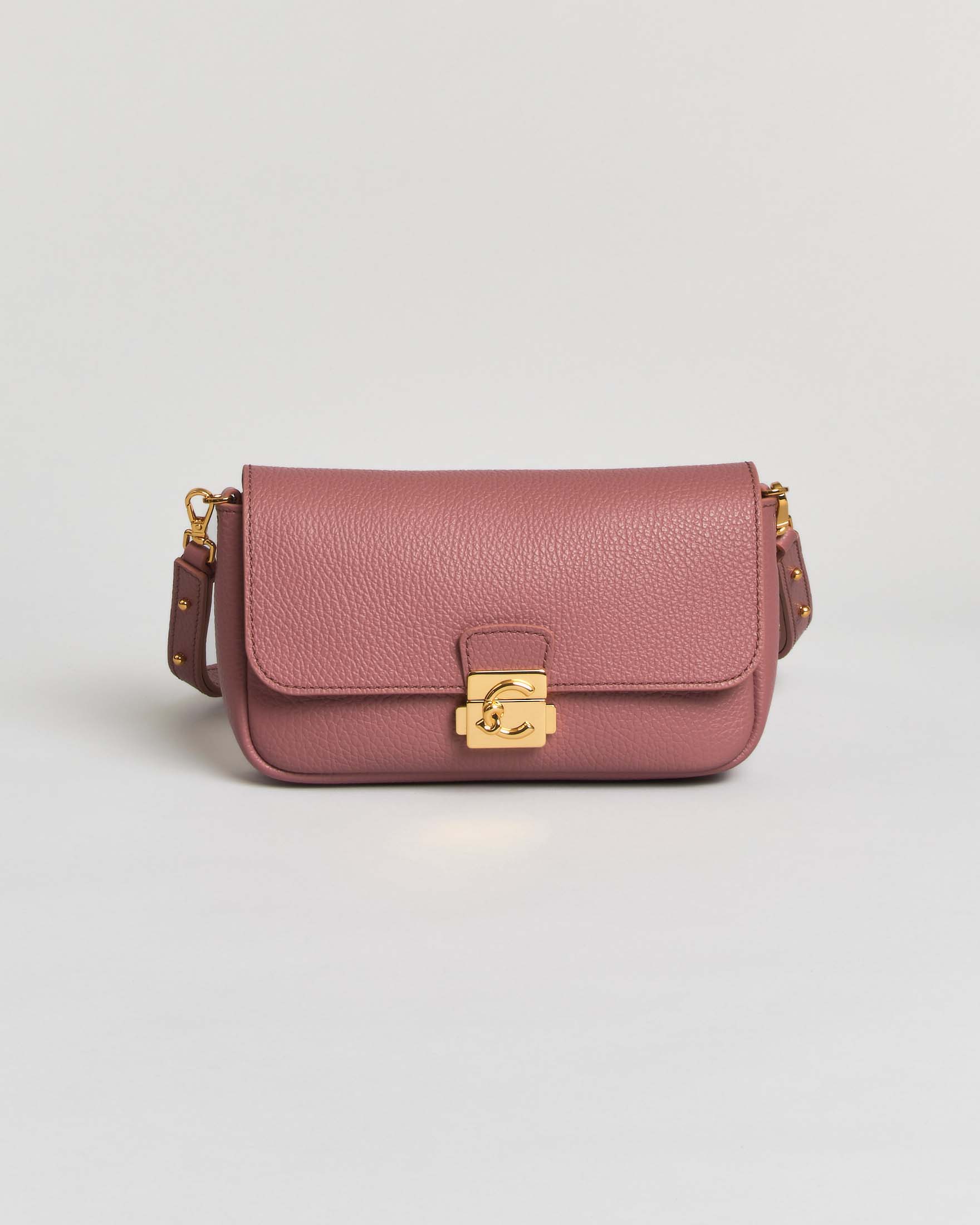 Borsa a tracolla baguette C-Me Lock Mini Coccinelle rosa in pelle bottalata con chiusura logo