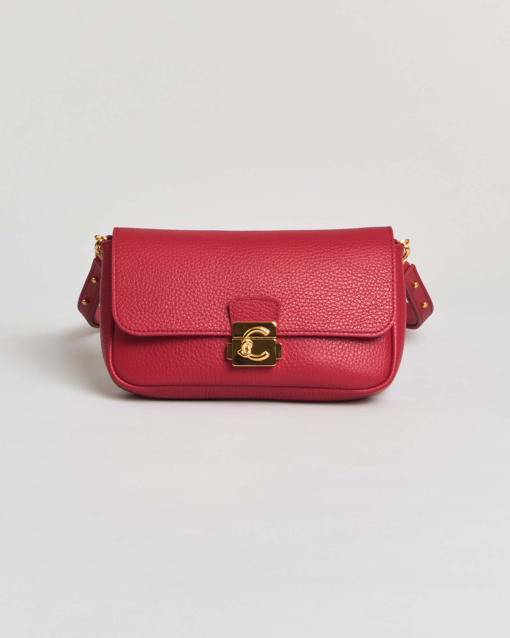 Borsa a tracolla baguette C-Me Lock Mini Coccinelle rossa in pelle bottalata con chiusura logo