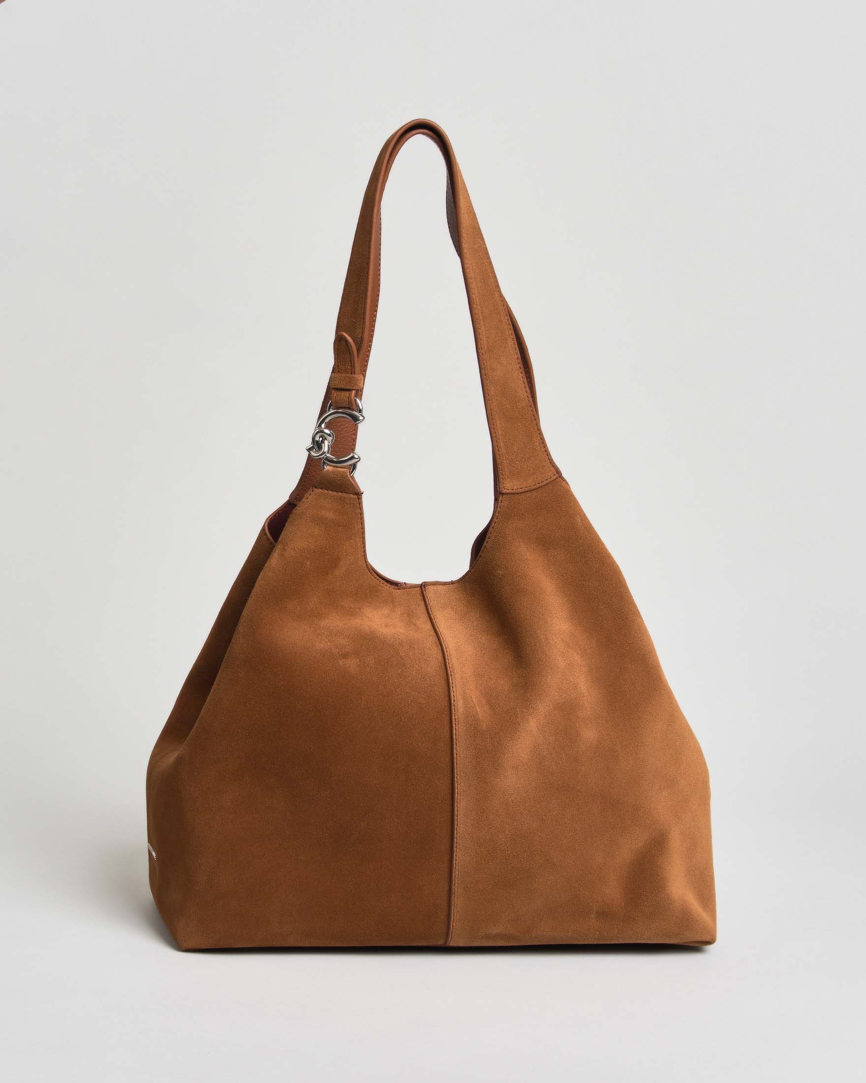 Shoppig Bag C-Easy Large Coccinelle color cognac in suede con logo sul manico argento