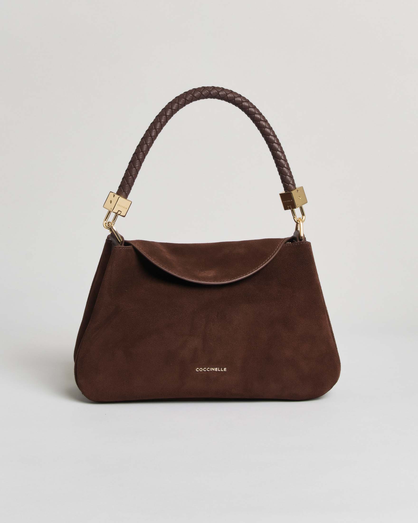 Borsa a spalla Tiggy Small Coccinelle color moro in suede con manico intrecciato
