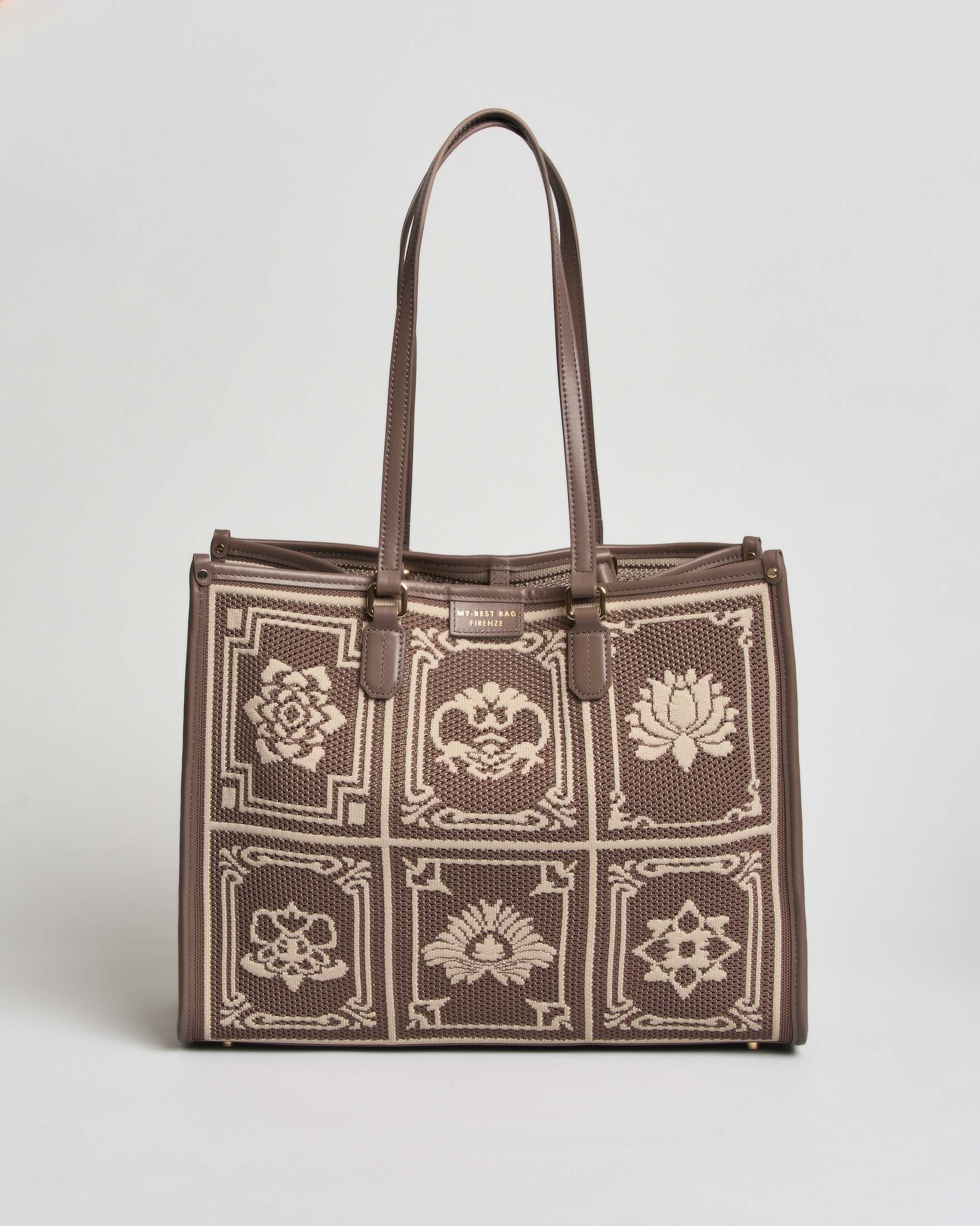 Tote bag Atena Lhasa Big My Best Bag taupe in jacquard a motivo maioliche beige con pochette abbinata