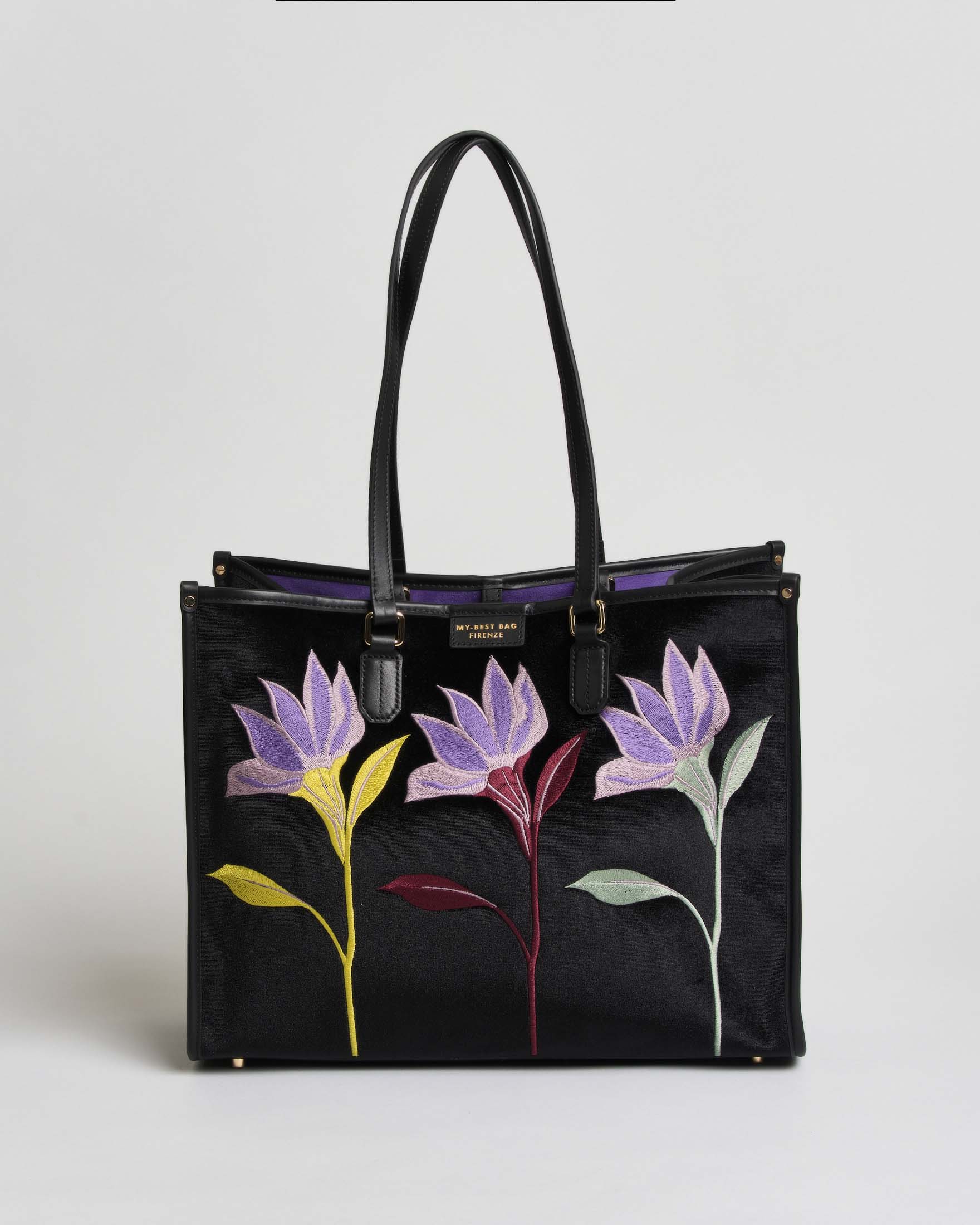 Tote bag Atena Essence Big My Best Bag nera in velluto con ricamo fiori viola e pochette abbinata