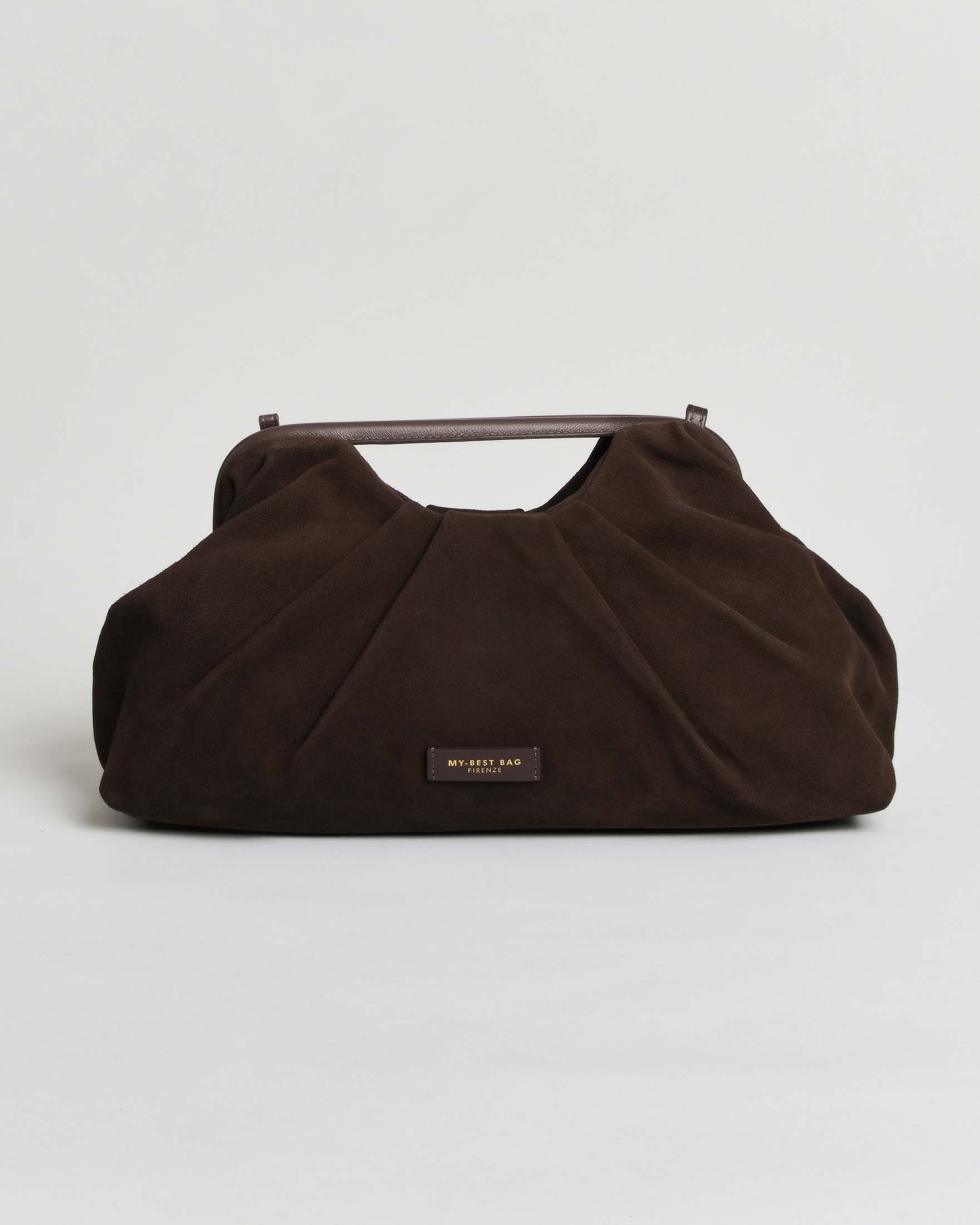 Clutch Atena Suede Big My Best Bag color moro in suede e pelle con manici rigidi e tracolla rimovibile