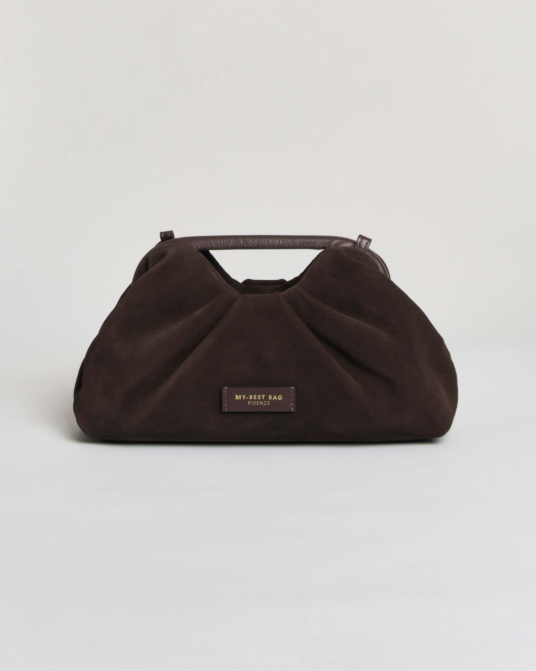 Clutch Atena Suede Small My Best Bag color moro in suede e pelle con manici rigidi e tracolla regolabile