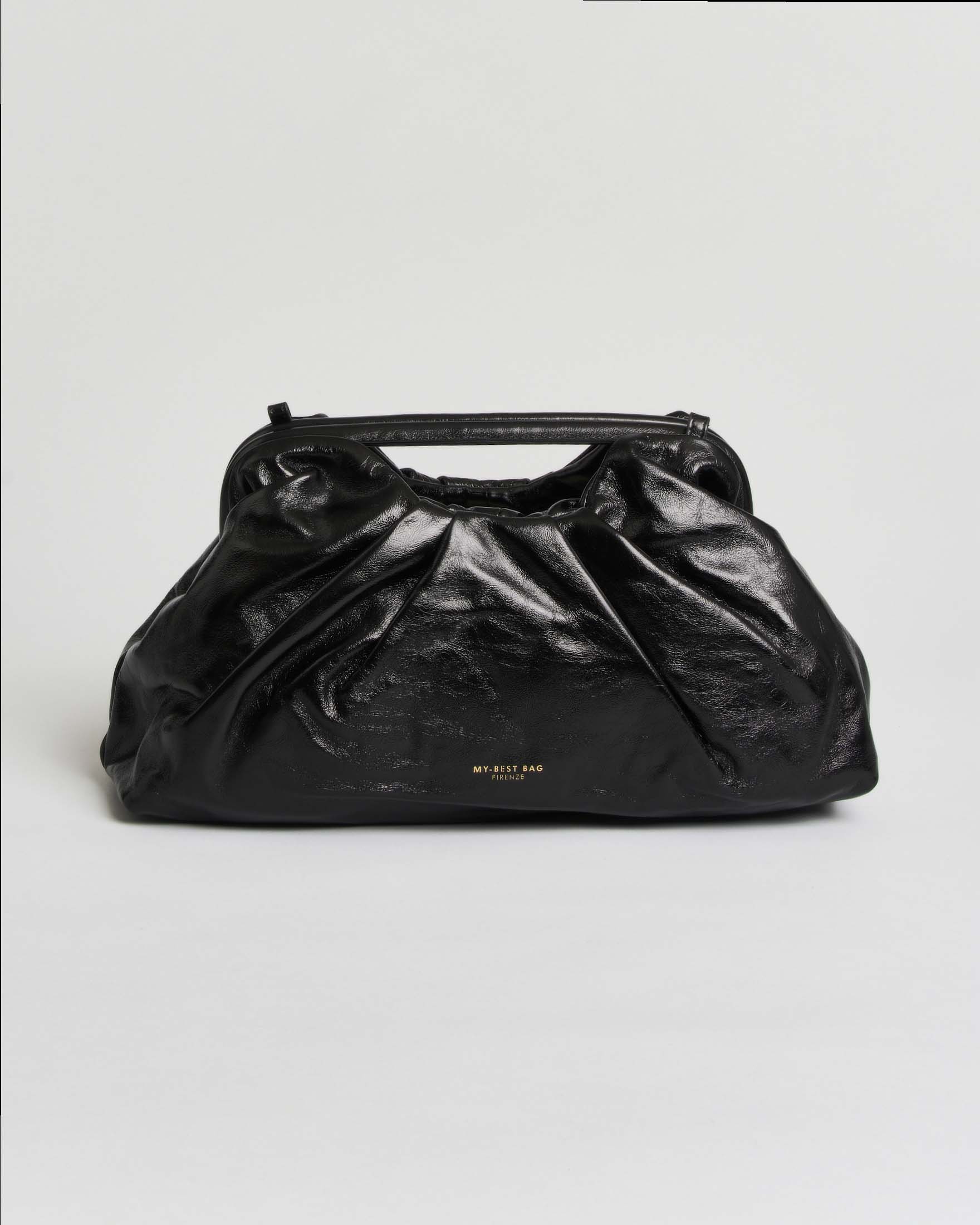 Clutch Janine Atlas Big My Best Bag nera in pelle lucida con manico rigido e tracolla regolabile