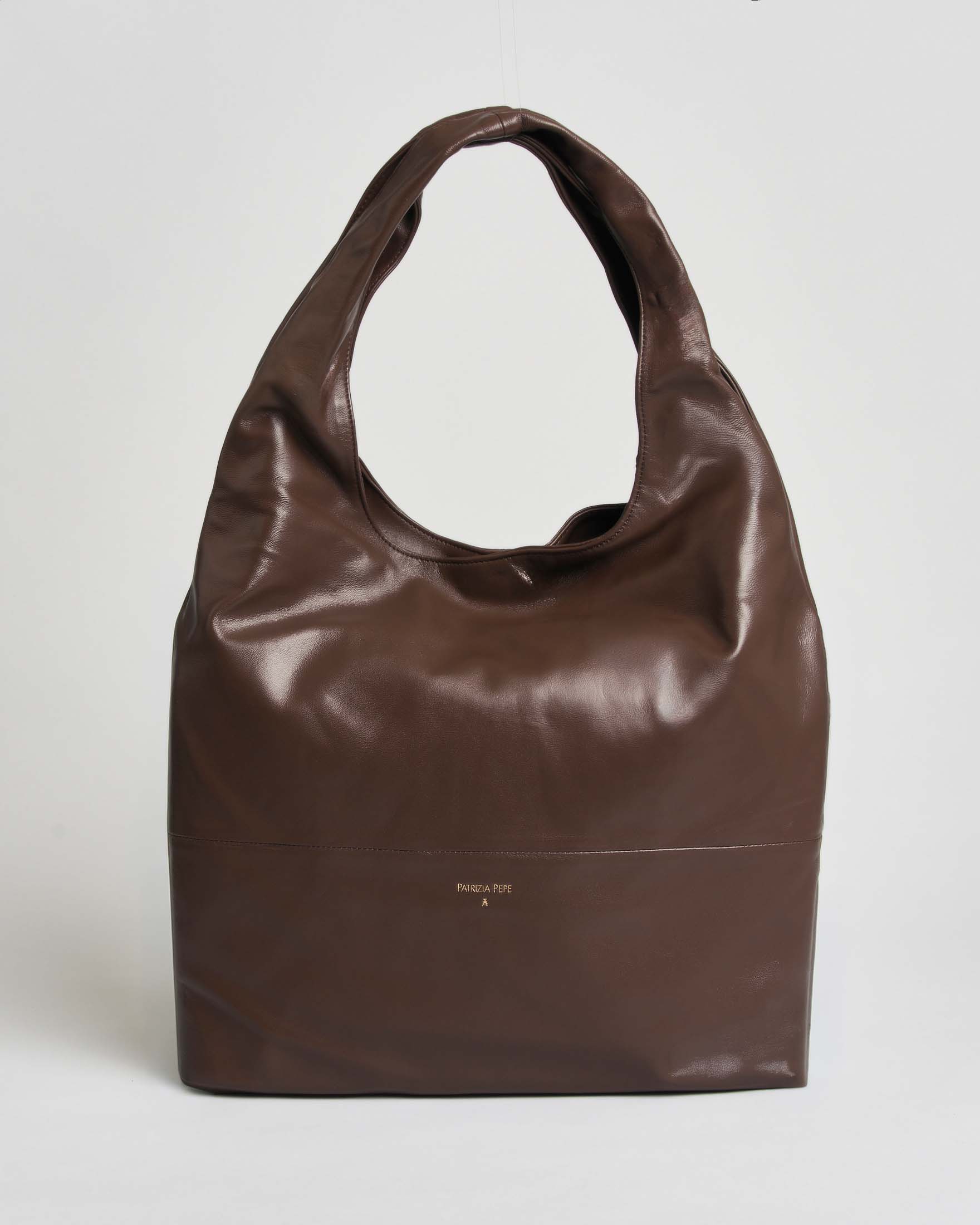 Minimal Bag Patrizia Pepe in pelle testa di moro con chiusura magnetica a scomparsa e logo Fly dorato