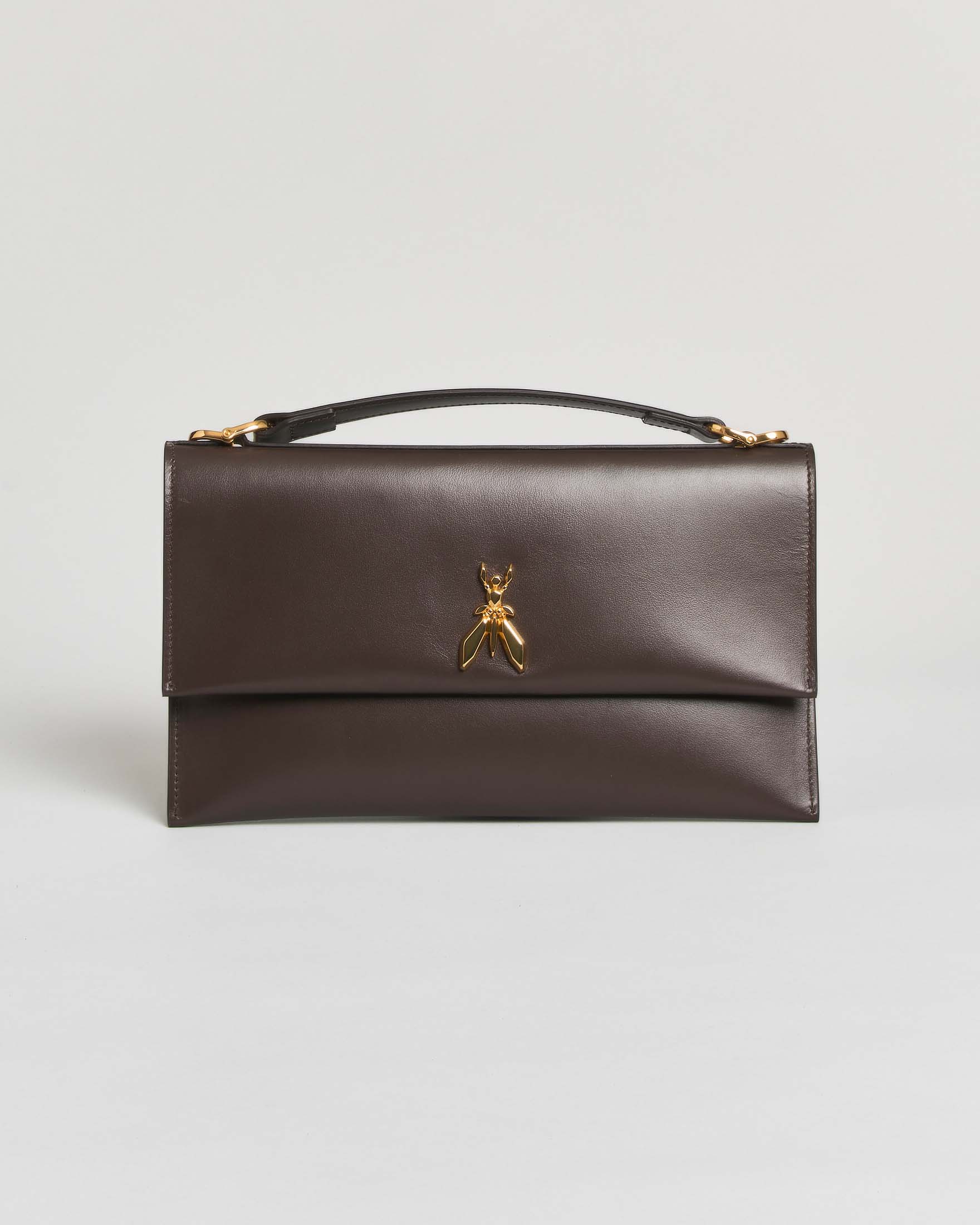 New Clutch Bag Patrizia Pepe in pelle testa di moro liscia con manicotto e logo dorato Fly