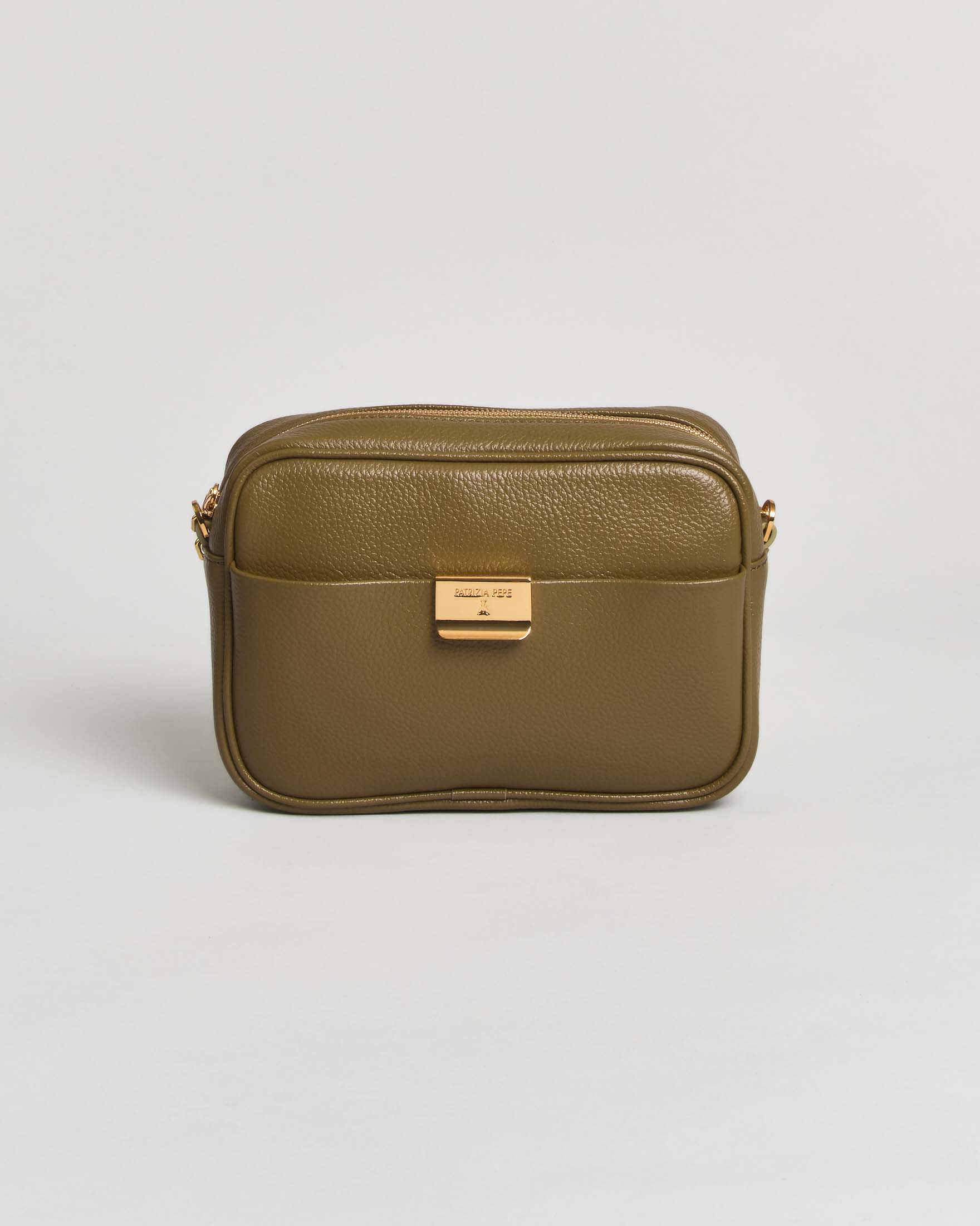 All Day Bag piccola Patrizia Pepe verde militare in pelle martellata con tracolla e chiusura zip
