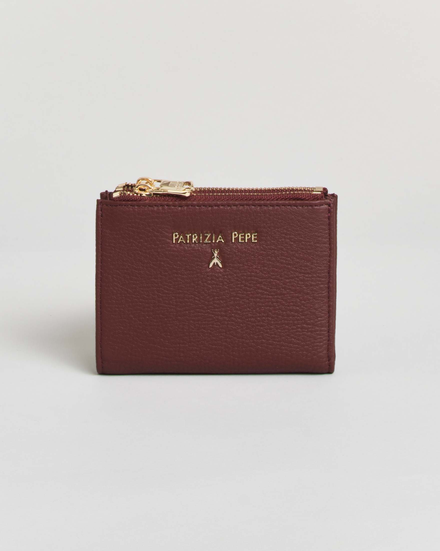 Portafoglio doppia zip Patrizia Pepe bordeaux in pelle martellata con logo lettering