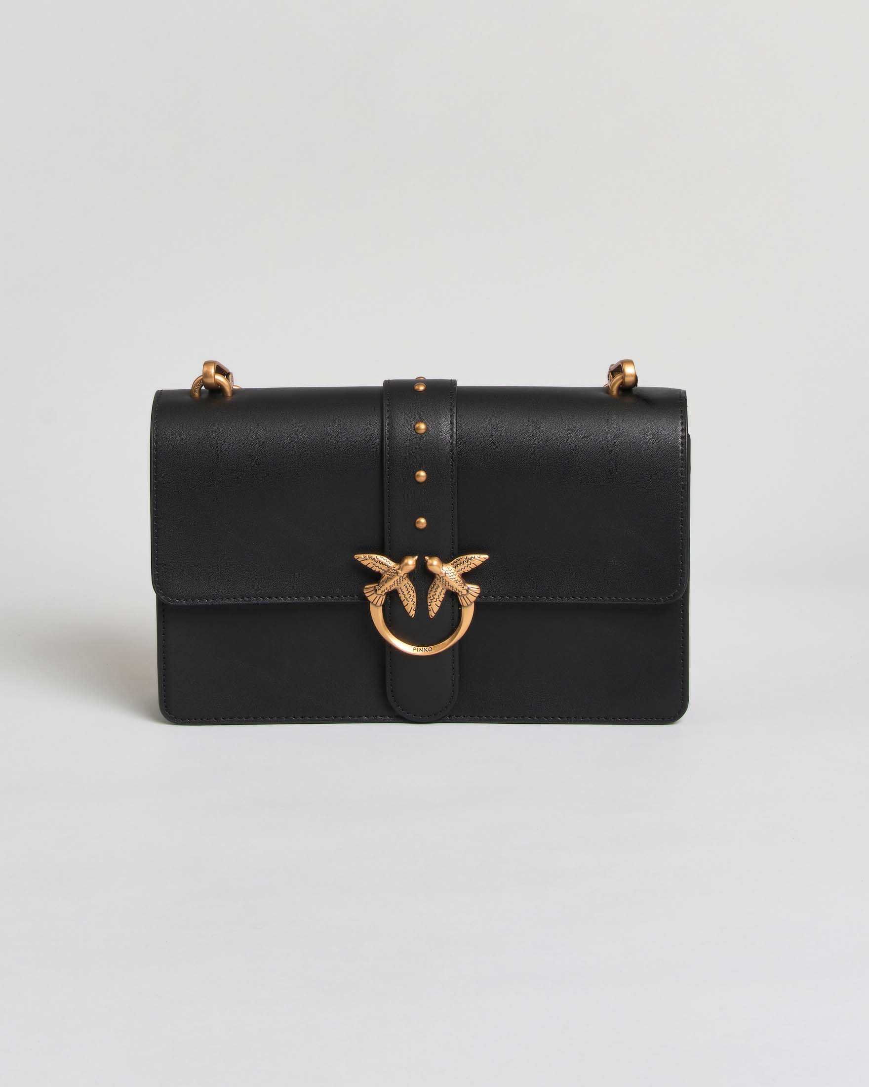 Borsa a tracolla Love One Classic Pinko nera in pelle liscia con tracolla e placca logo dorate