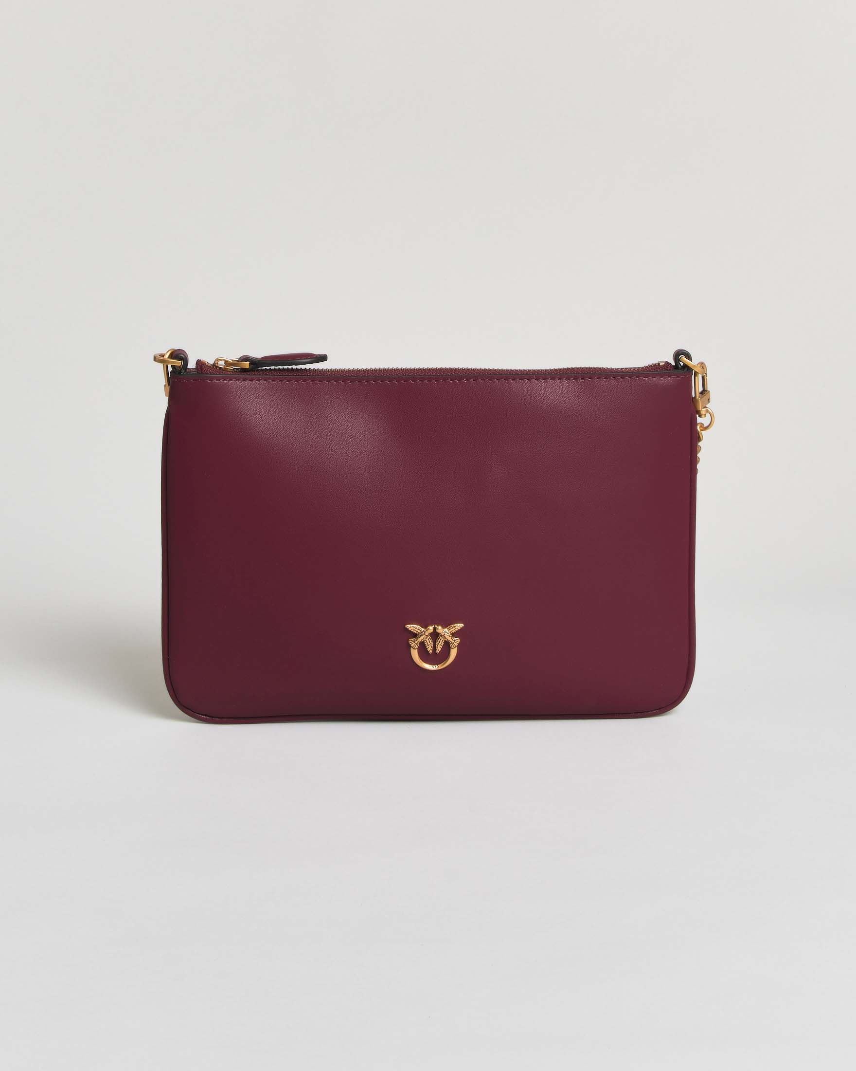Busta Flat Love Bag Simply Pinko bordeaux con tracolla a catena e logo Love Birds dorati