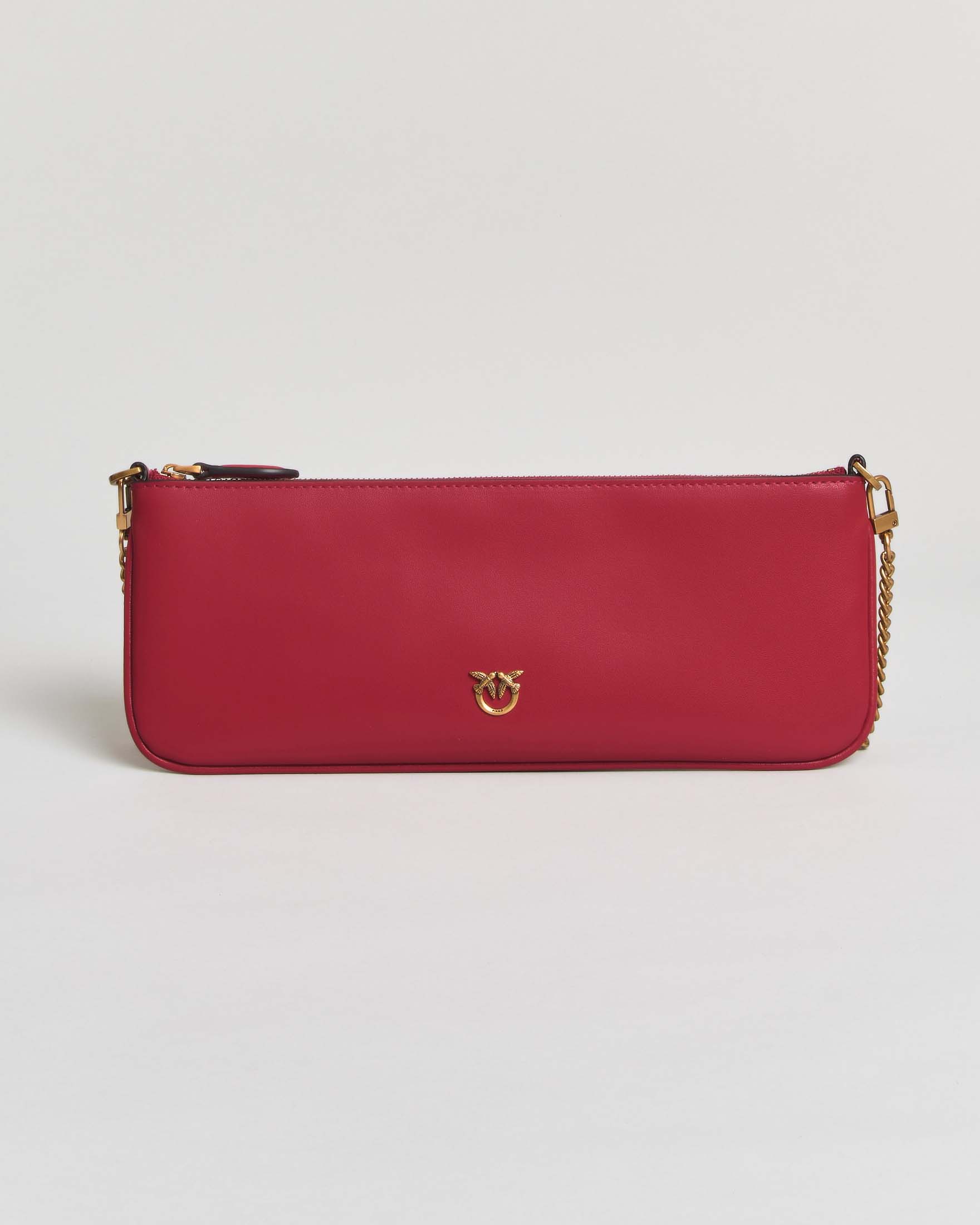 Busta Horizontal Flat Bag Pinko rossa con tracolla a catena e logo dorati