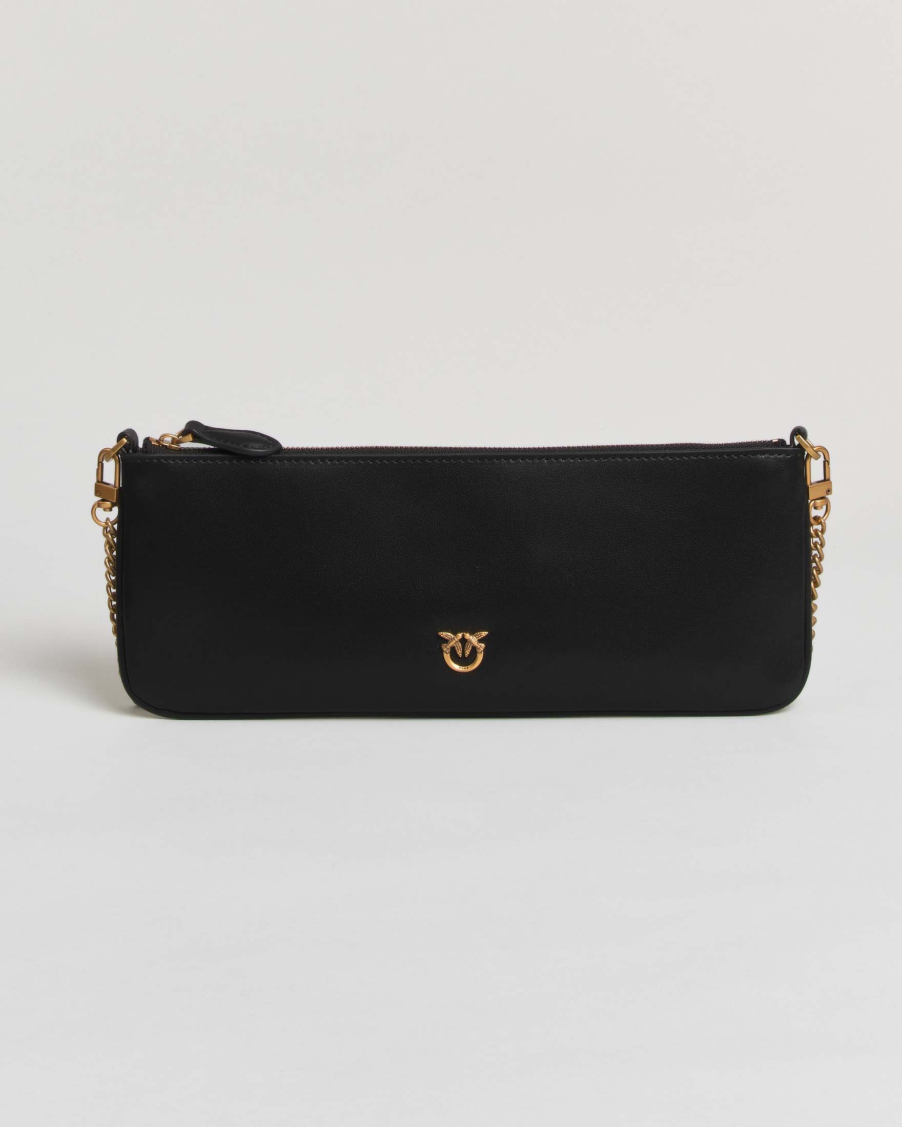 Busta Horizontal Flat Bag Pinko nera con tracolla a catena e logo dorati
