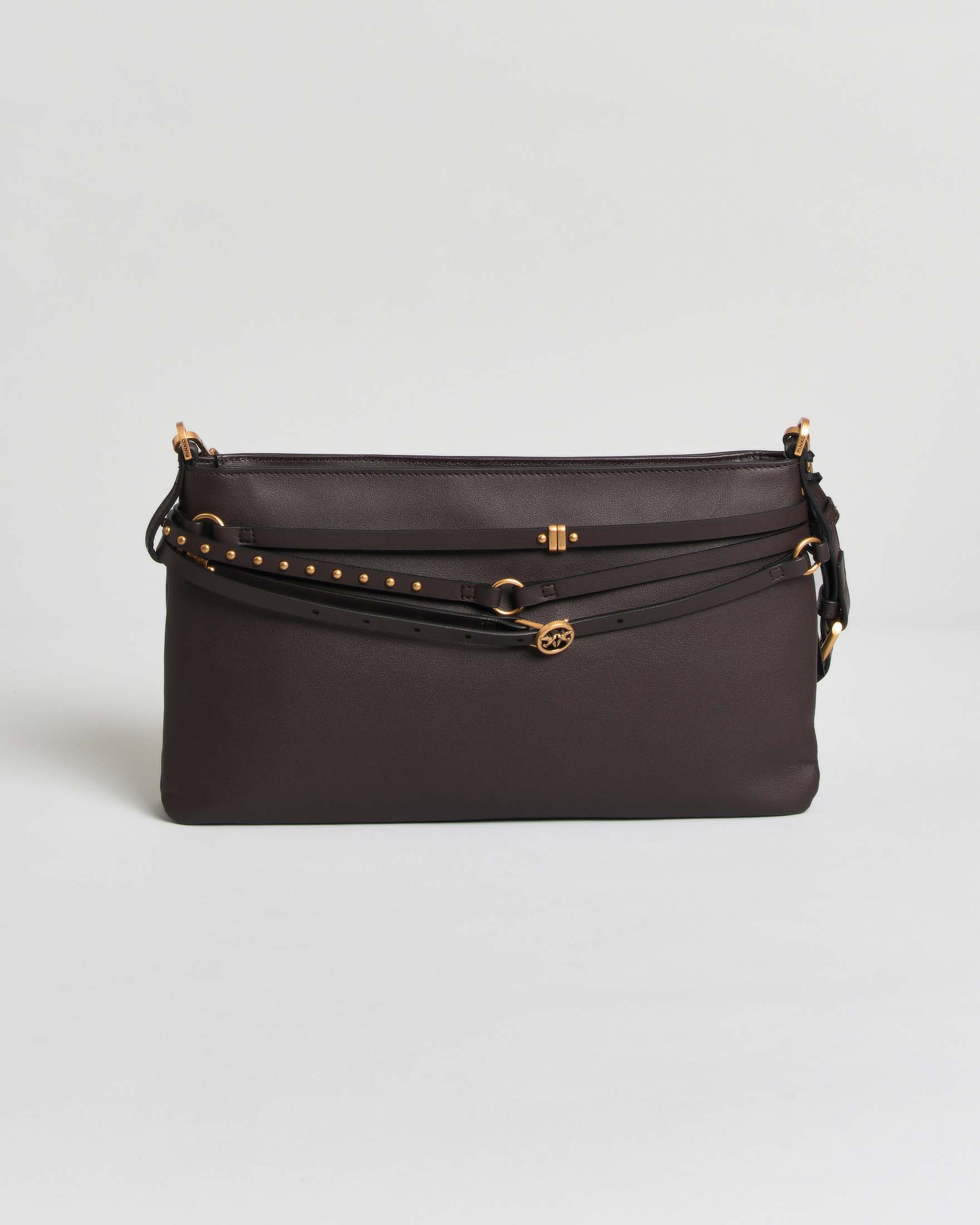 Borsa a spalla media Belt Bag Pinko color moro in pelle liscia con decorazioni metalliche dorate