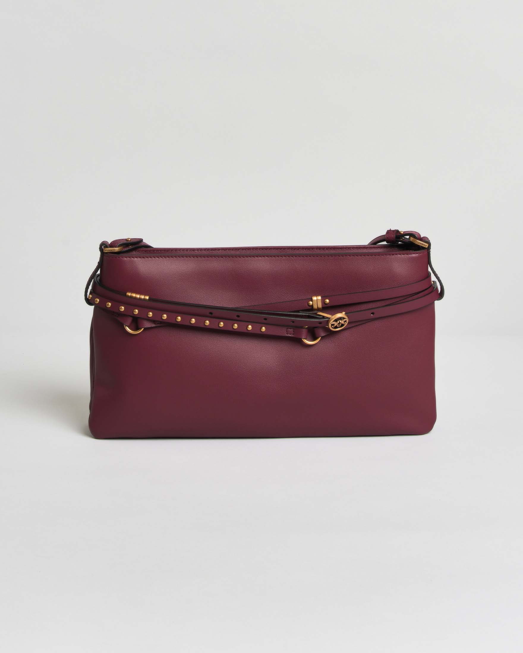 Borsa a spalla media Belt Bag Pinko bordeaux in pelle liscia con decorazioni metalliche dorate