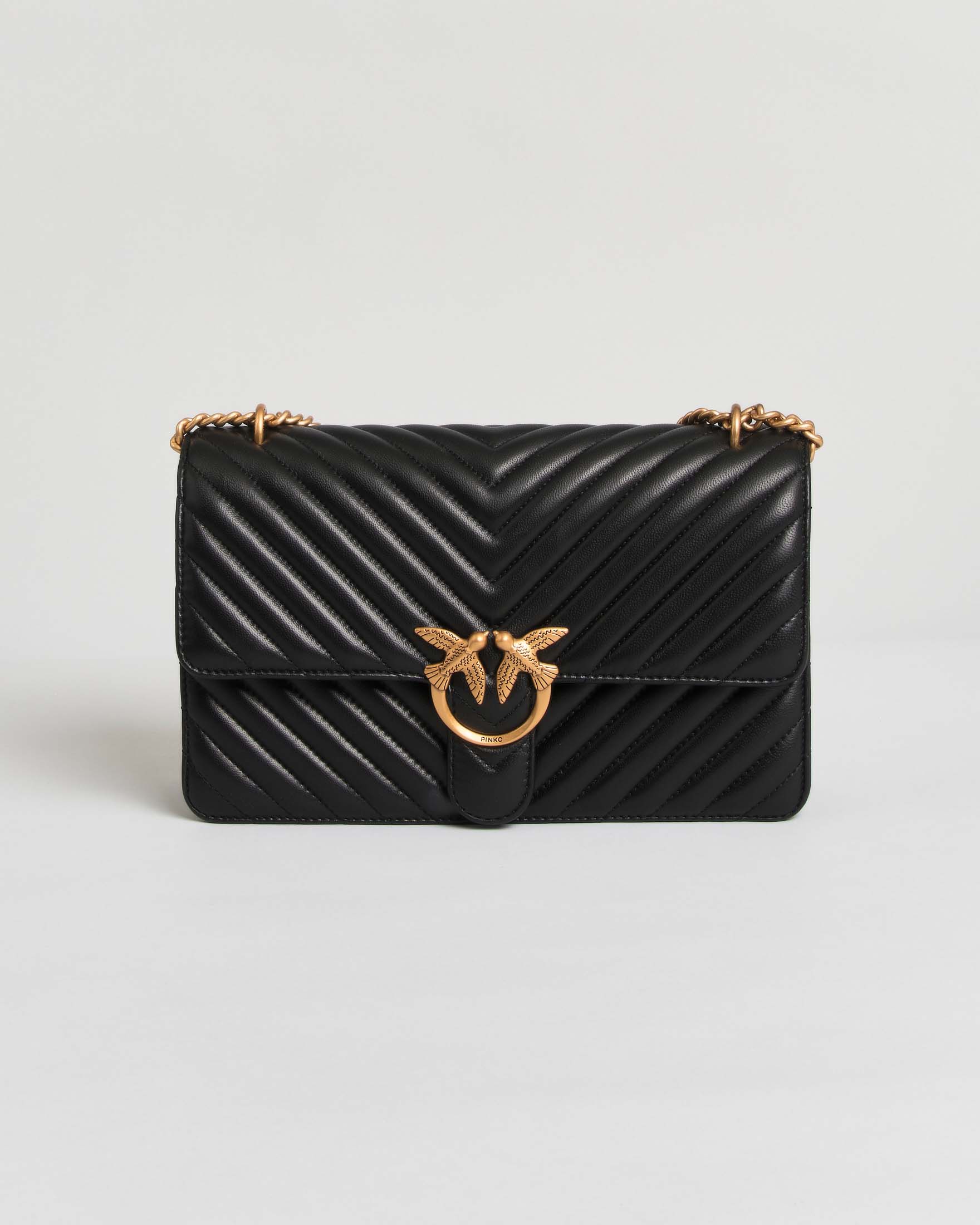 Borsa a tracolla Love One Classic Medium Pinko nera in pelle chevron con fibbia logo e catena dorati