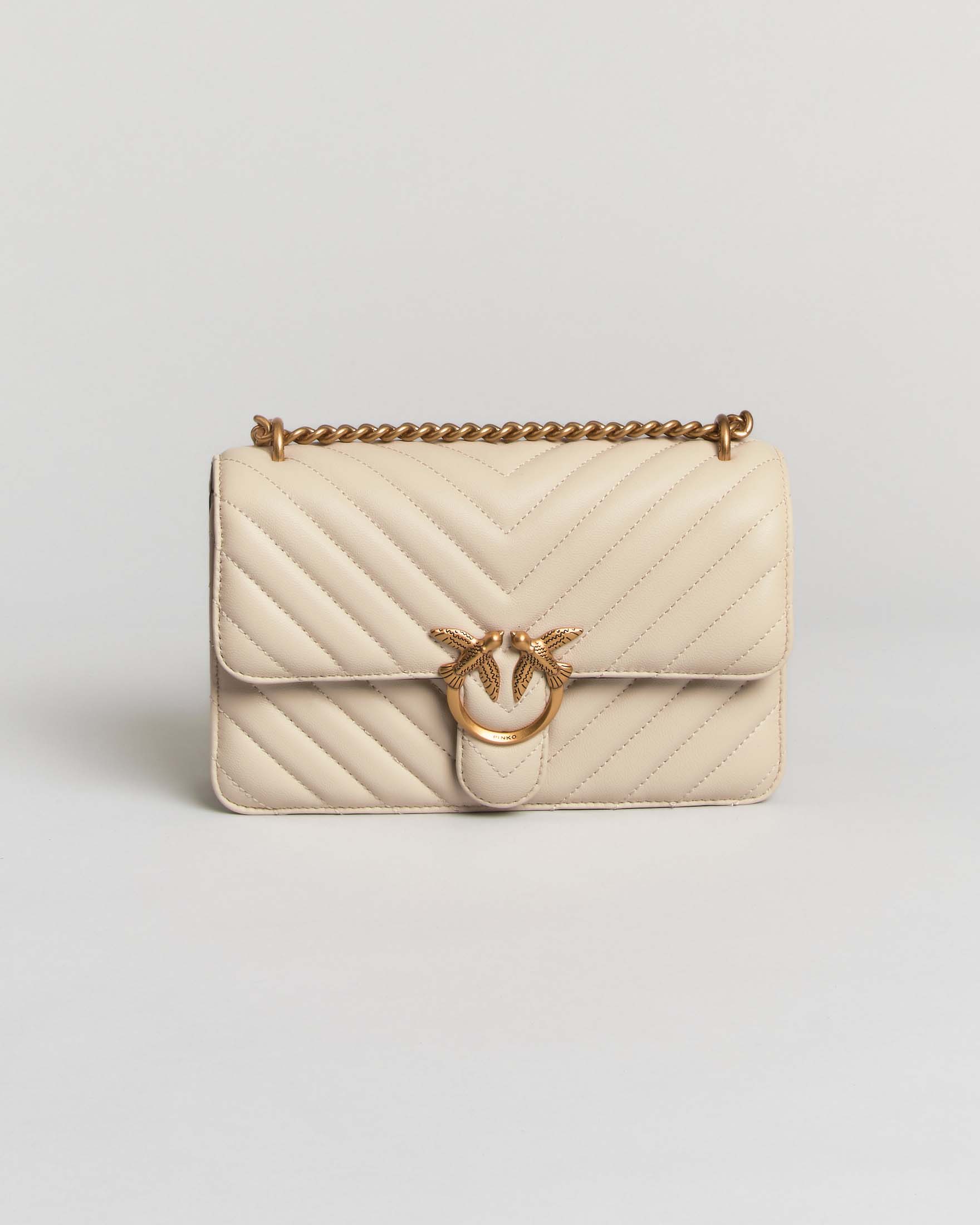 Borsa a tracolla Mini Love Bag One Pinko bianca in nappa chevron con fibbia logo e catena dorati