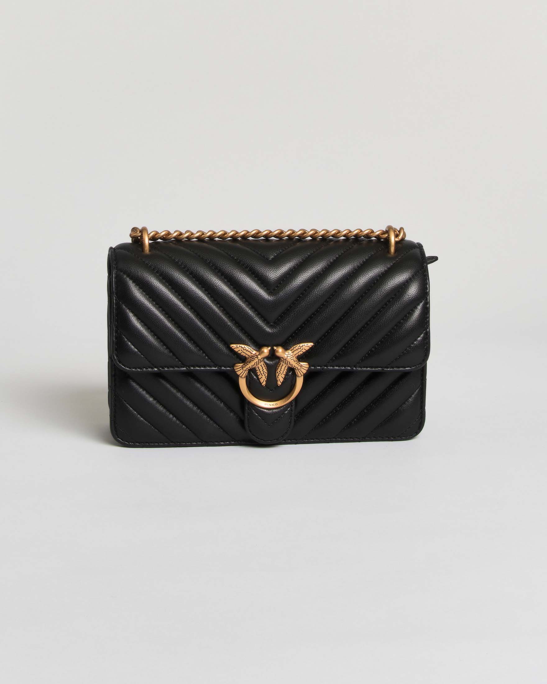 Borsa a tracolla Mini Love Bag One Pinko nera in nappa chevron con fibbia logo e catena dorati