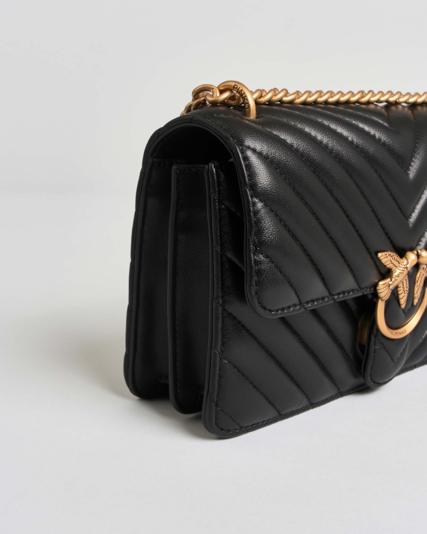 Borsa a tracolla Mini Love Bag One Pinko nera in nappa chevron con fibbia logo e catena dorati image