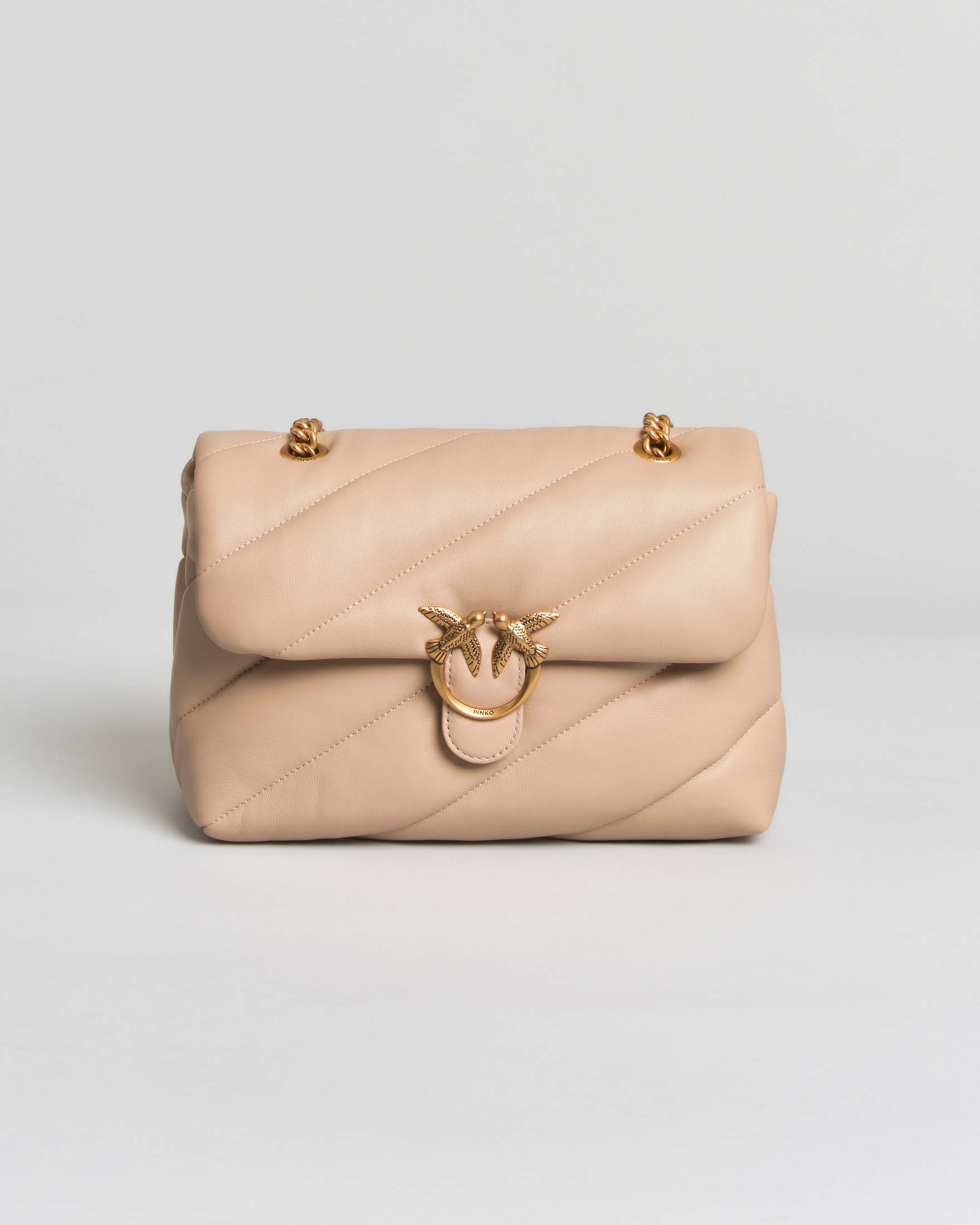 Borsa piccola a tracolla Love Bag Puff Maxi Quilt Pinko beige in pelle trapuntata con catena e logo oro