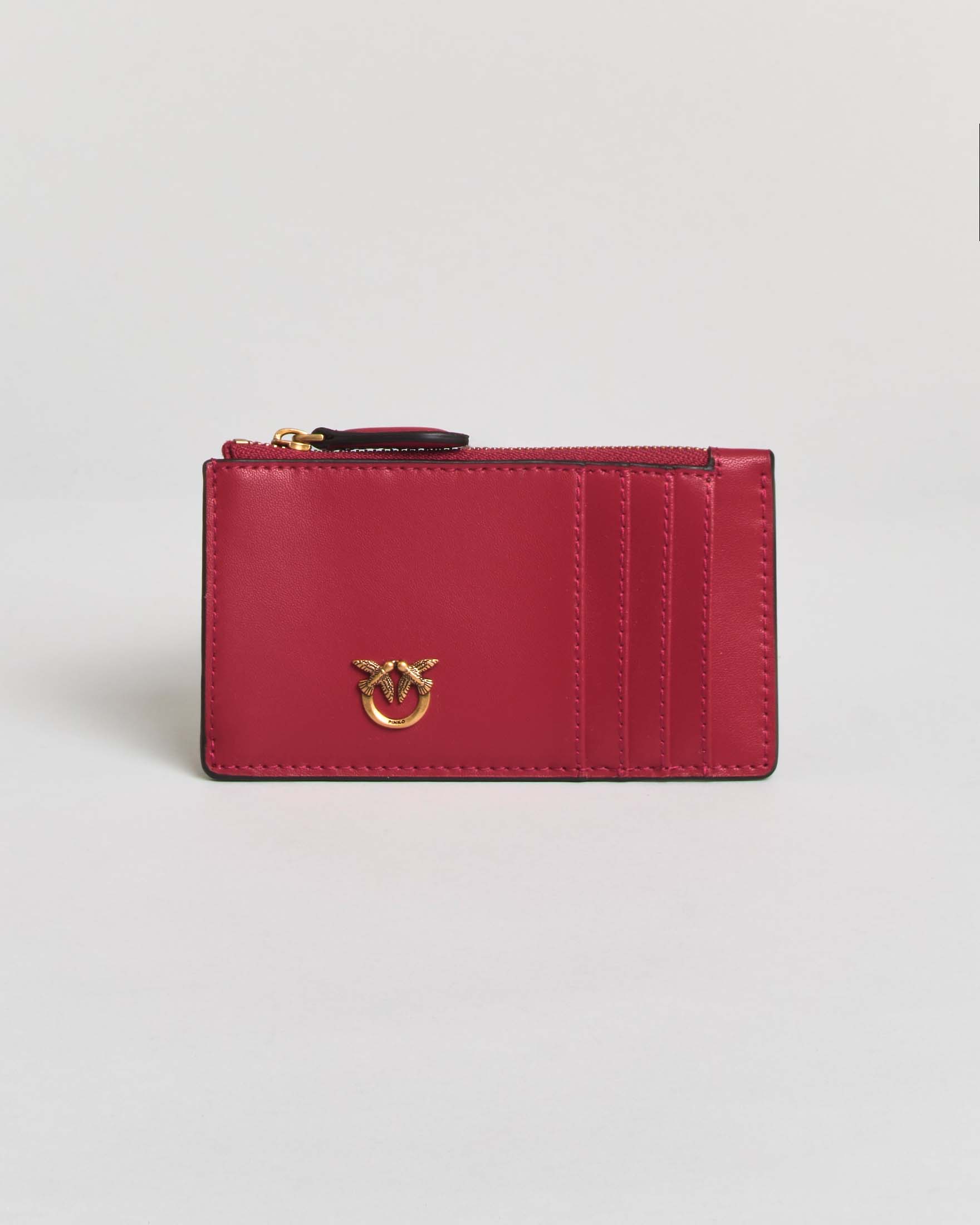 Porta carte di credito Pinko rosso in pelle con zip e logo Love Birds Diamon Cut dorato