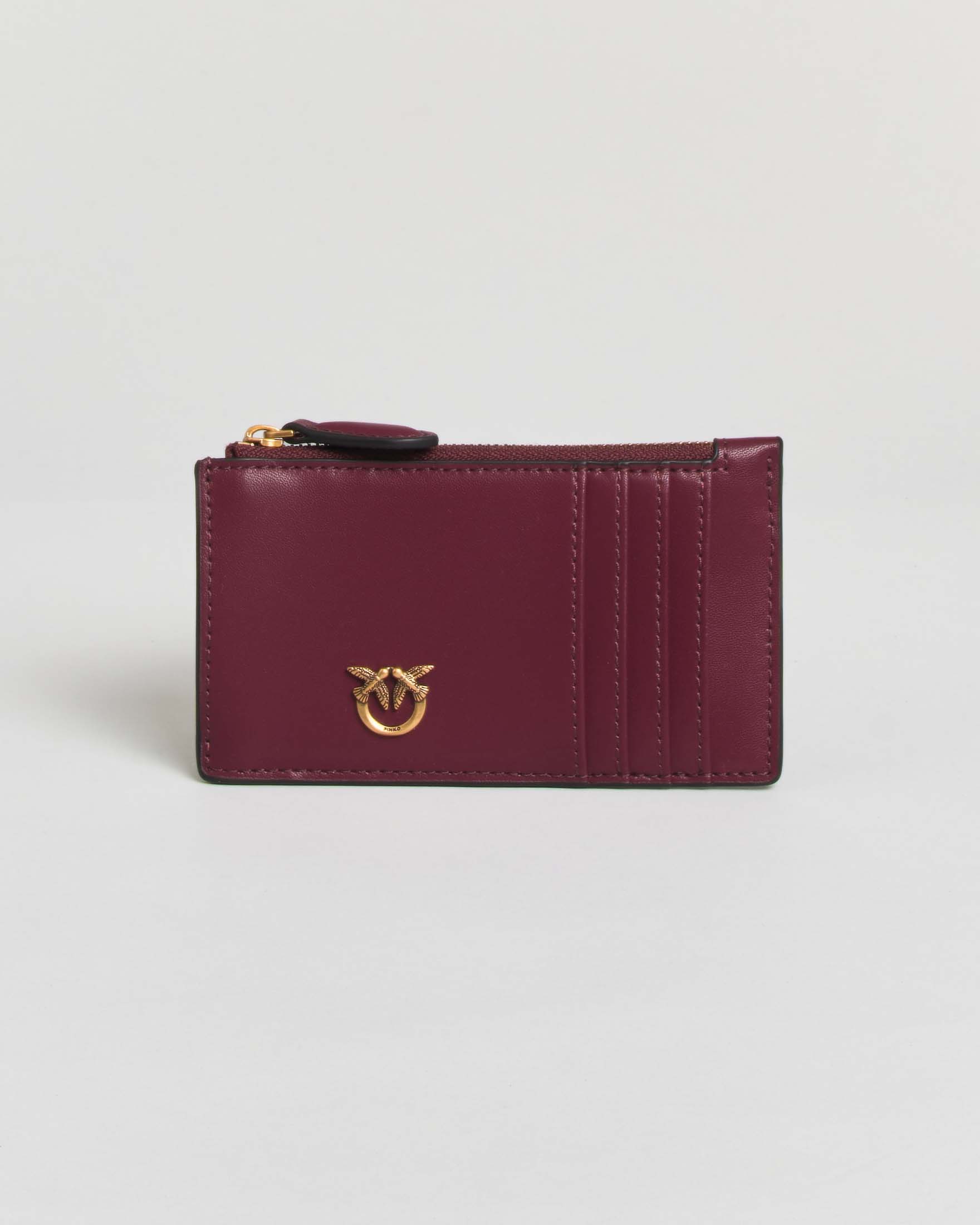Porta carte di credito Pinko bordeaux in pelle con zip e logo Love Birds Diamon Cut dorato