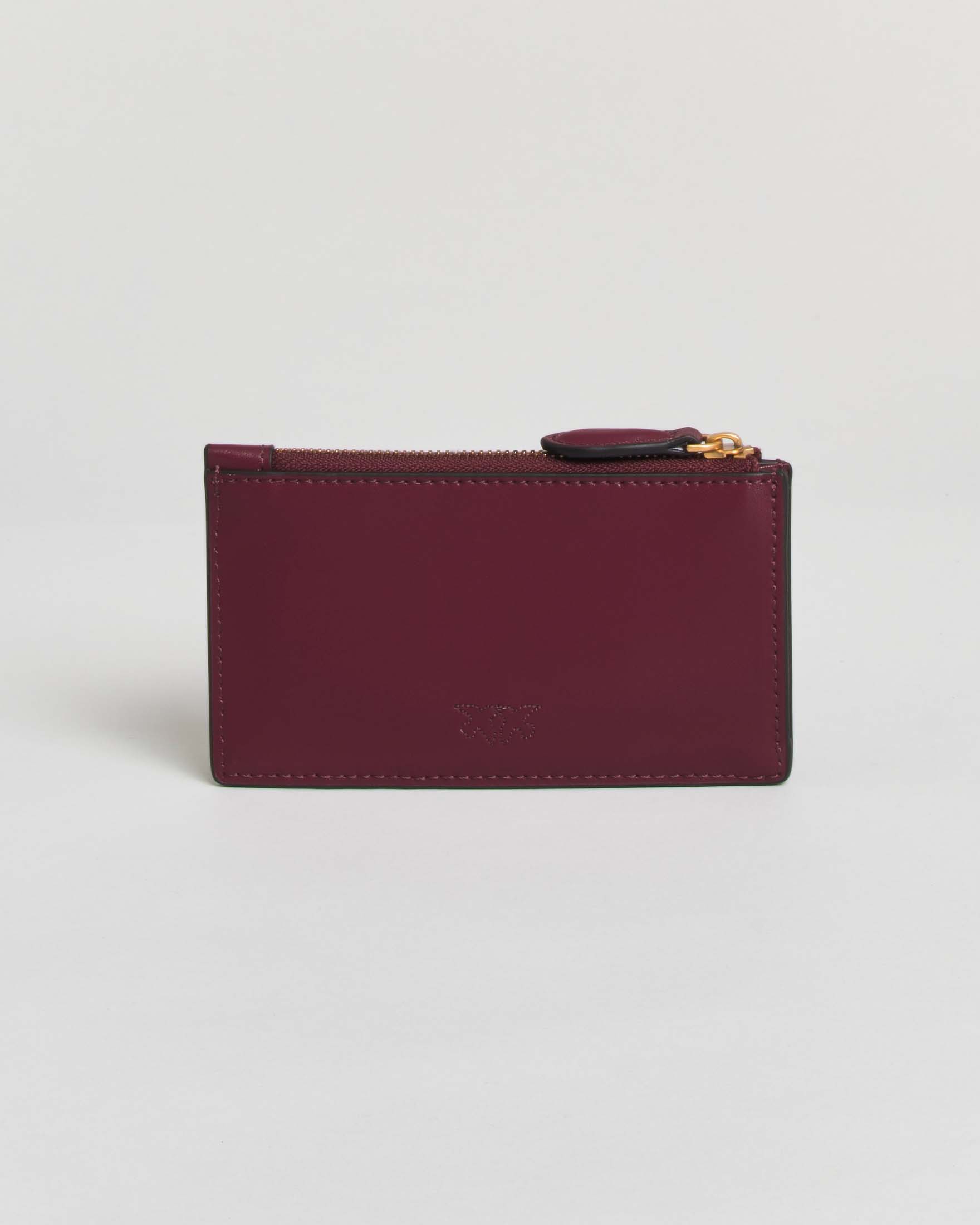 Porta carte di credito Pinko bordeaux in pelle con zip e logo Love Birds Diamon Cut dorato image
