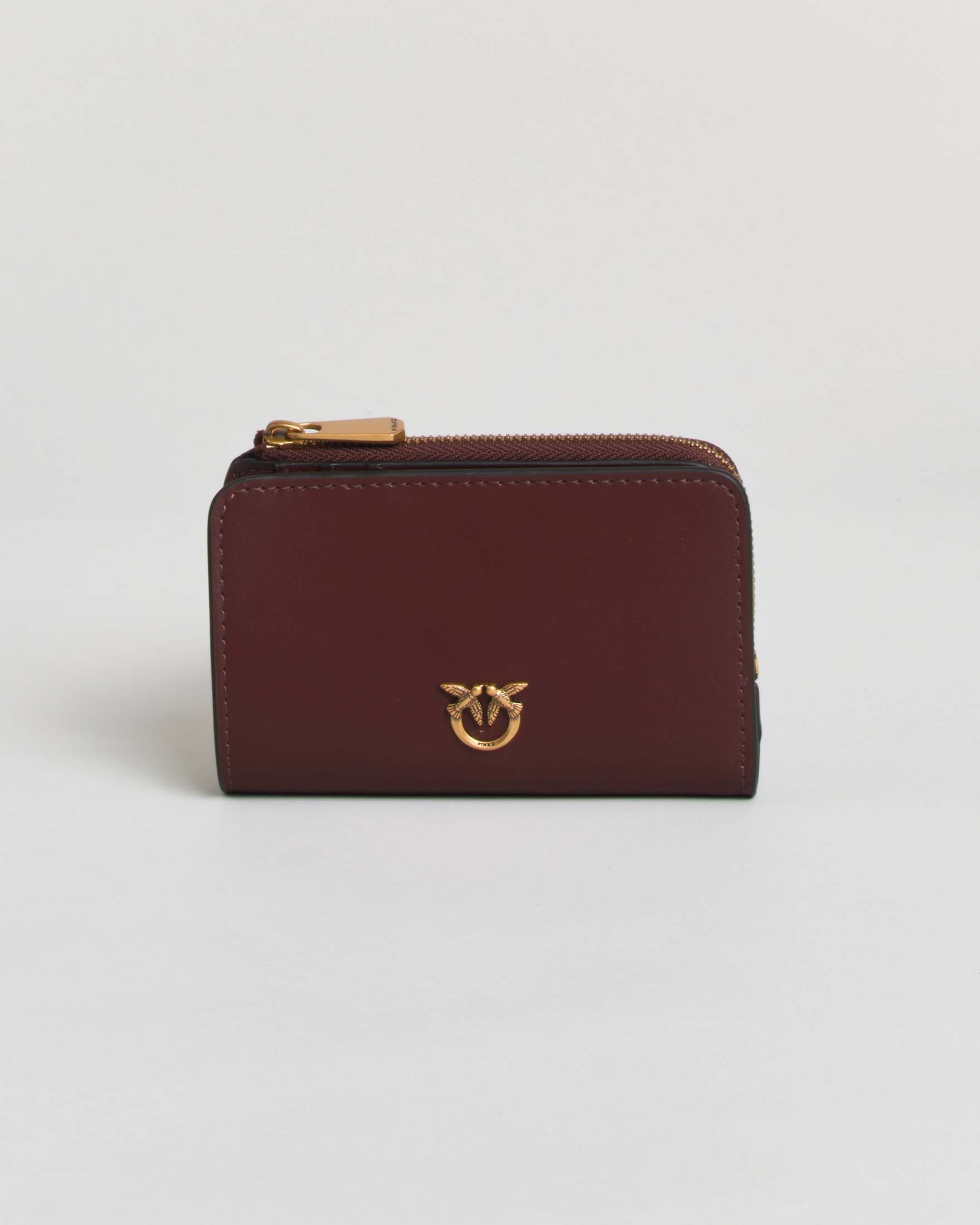Portafoglio compatto Pinko bordeaux in pelle liscia con fibbia Love Birds dorata