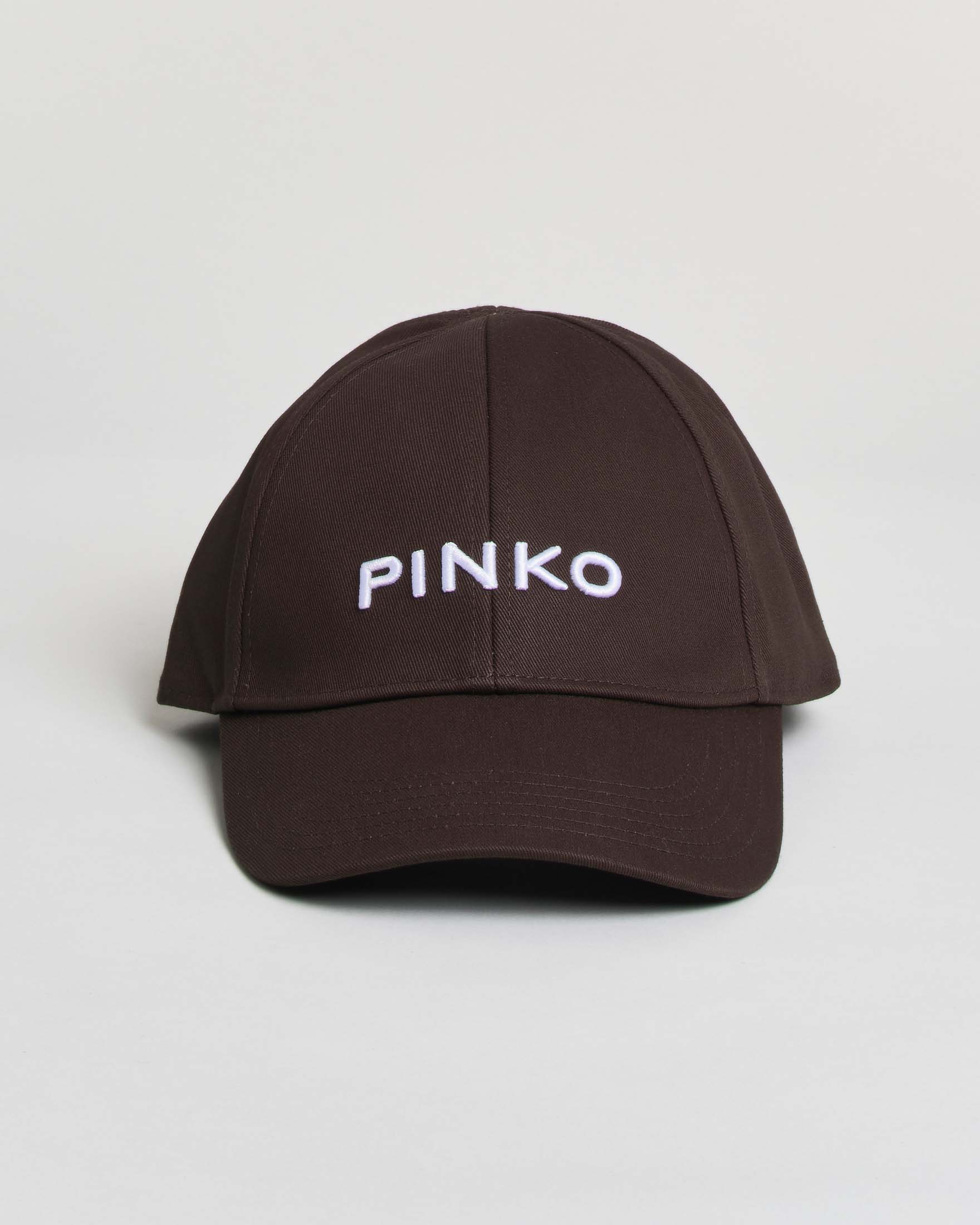 Cappello con visiera Pinko in puro cotone marrone con logo lettering ricamato a contrasto