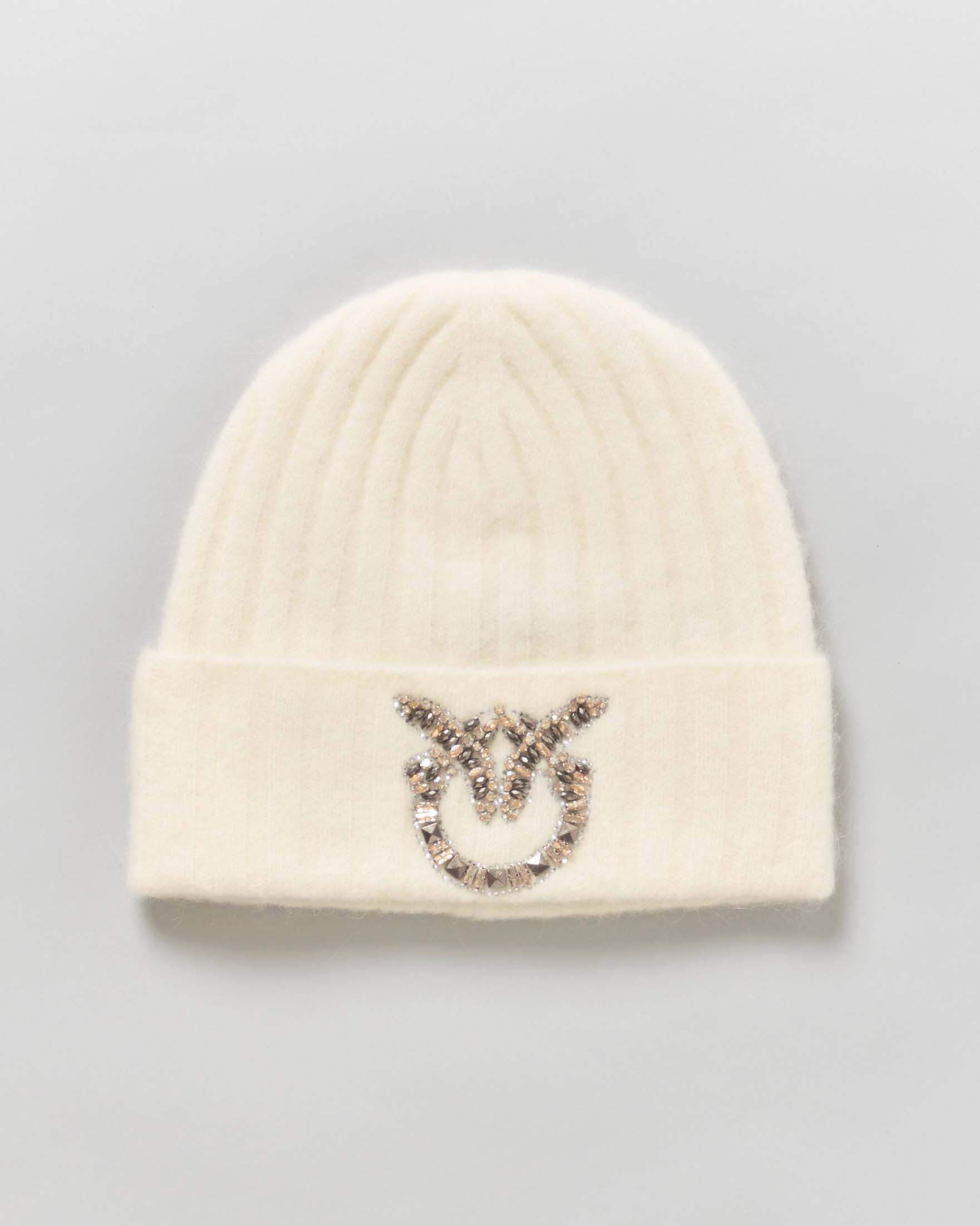 Berretto beanie Pinko beige in misto lana e cashmere con logo in strass sul risvolto