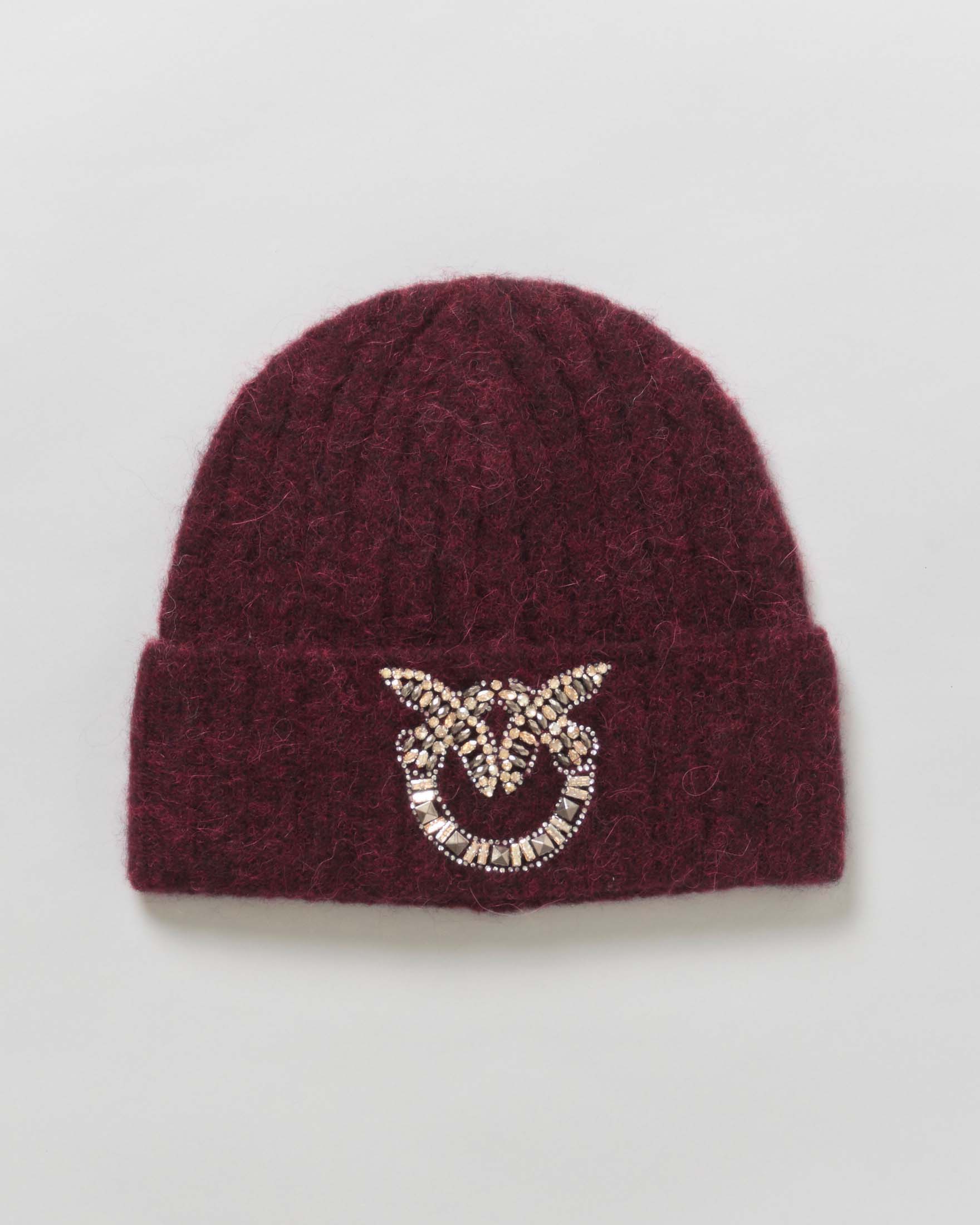 Berretto beanie Pinko bordeaux in misto lana e cashmere con logo in strass sul risvolto