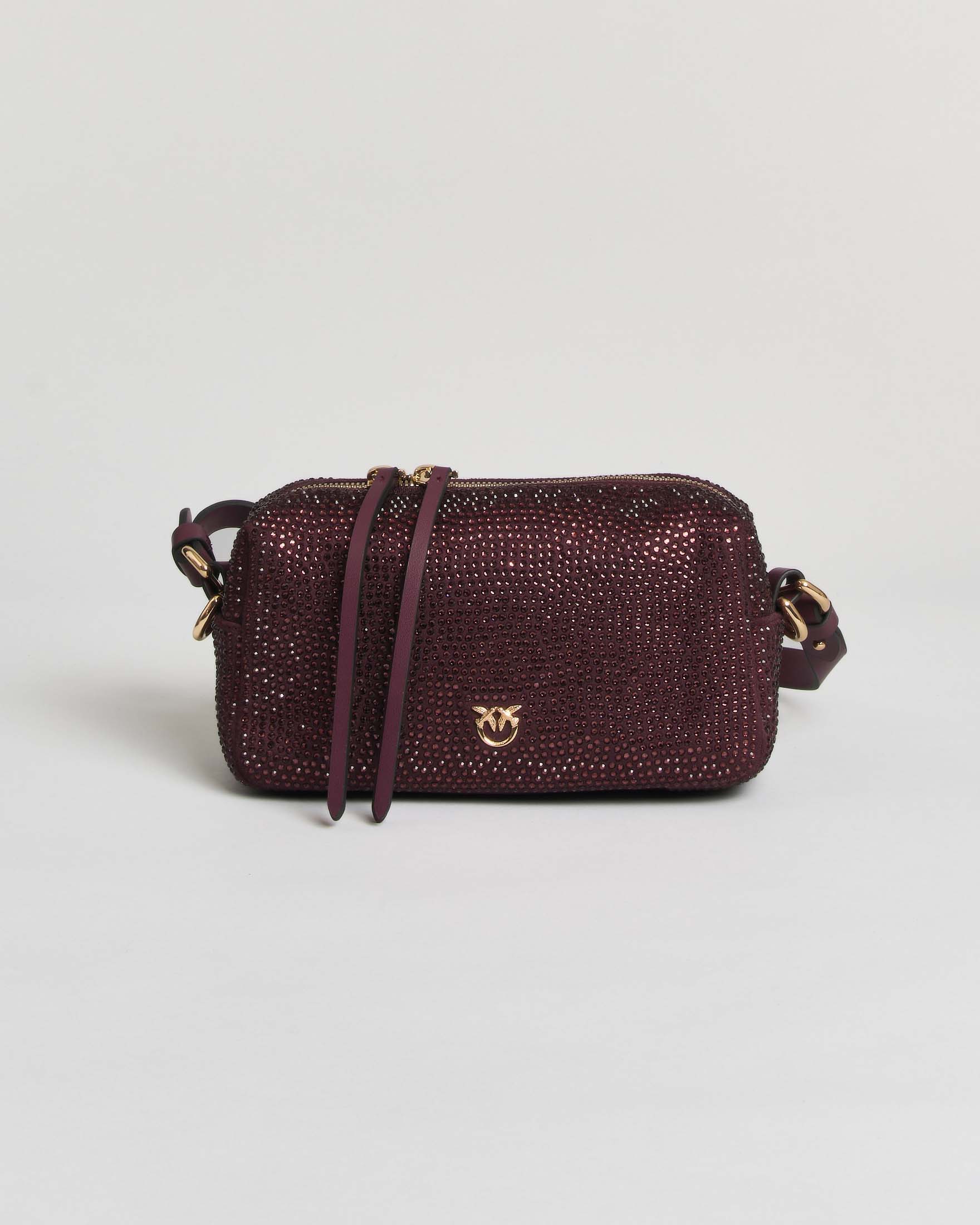 Borsa bauletto mini Pinko bordeaux effetto suede full strass con logo e tracolla regolabile