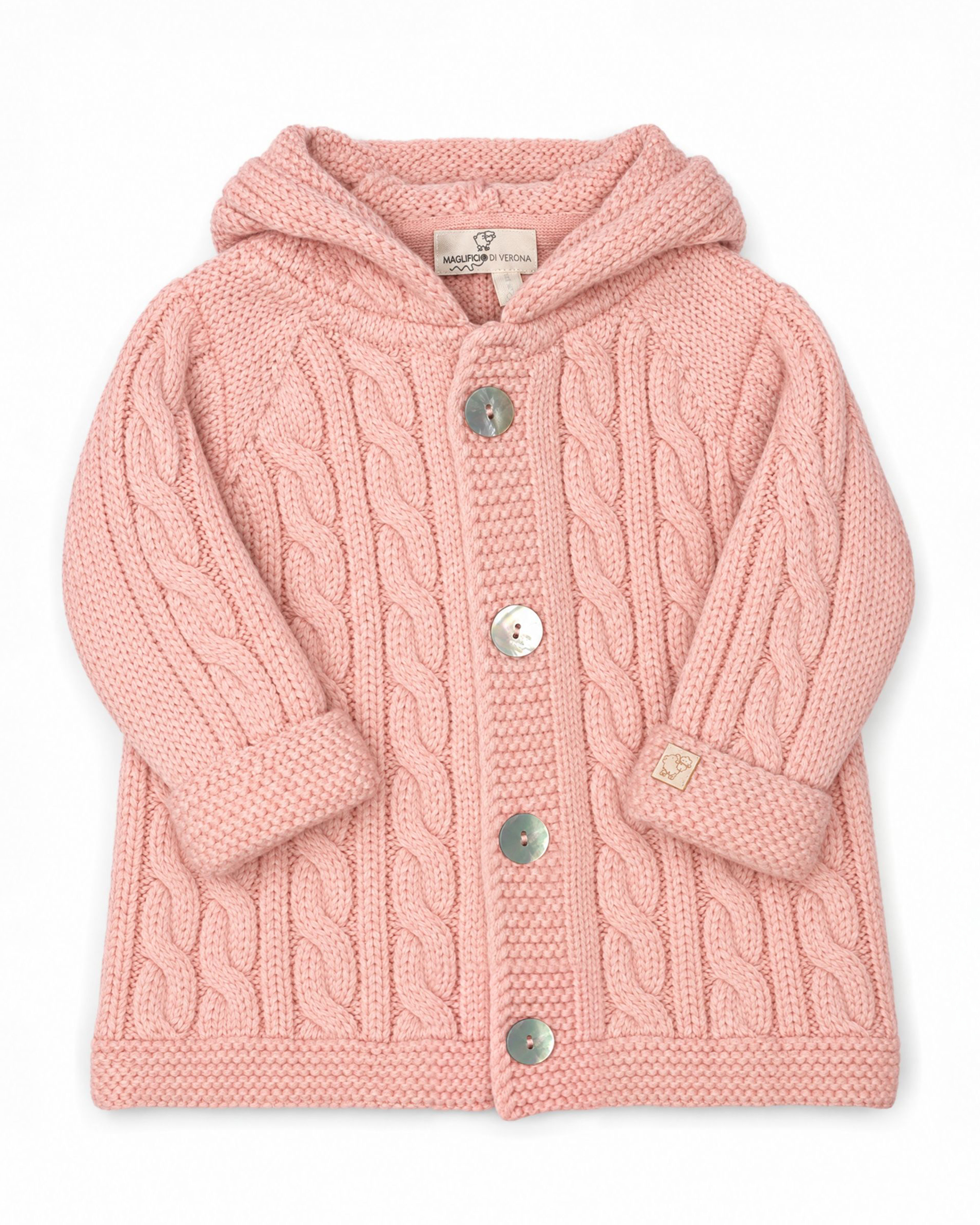 Cardigan Maglificio di Verona rosa in pura lana con cappuccio e lavorazione trecce