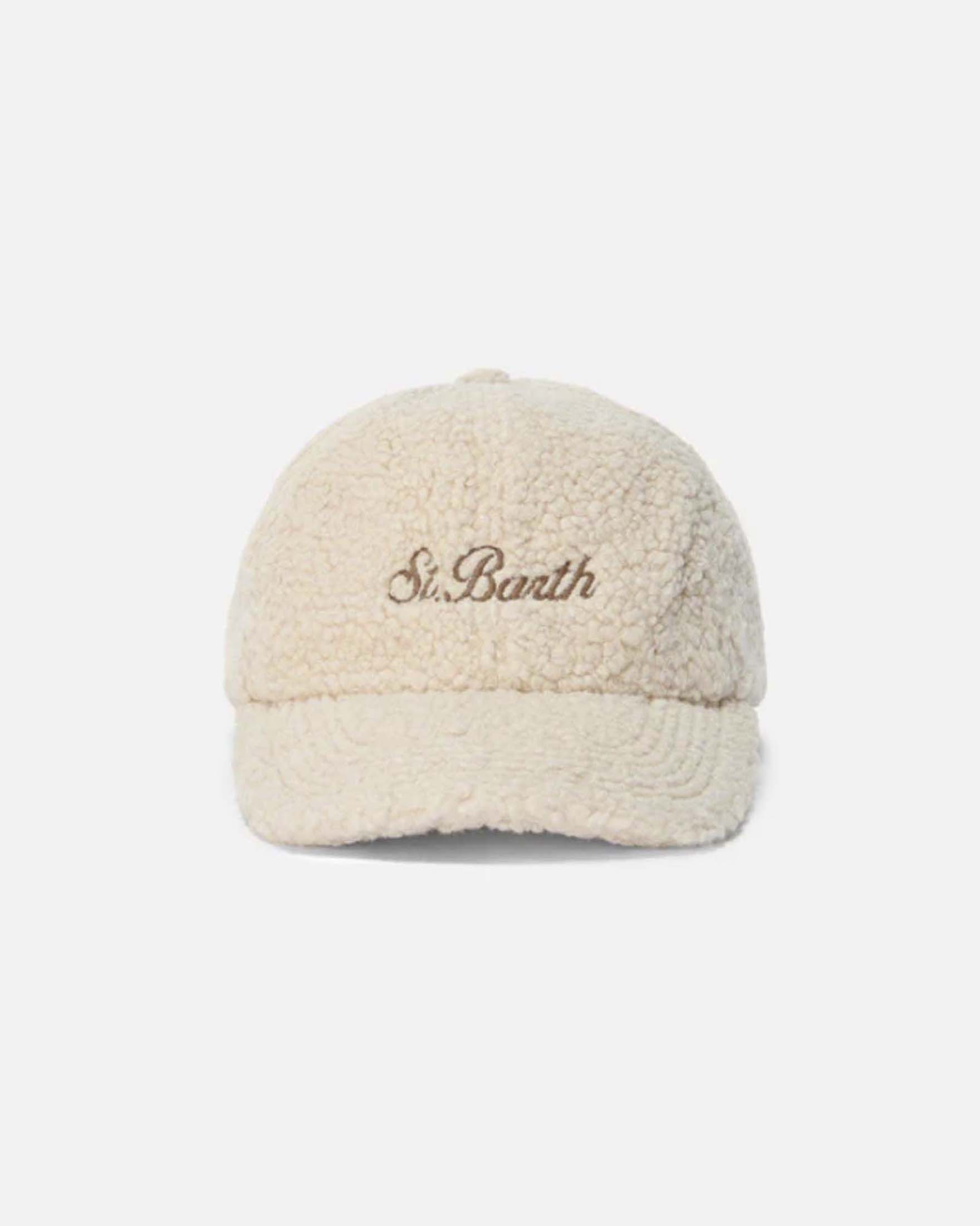 Cappellino baseball MC2 Saint Barth beige in pile sherpa con logo marrone ricamato