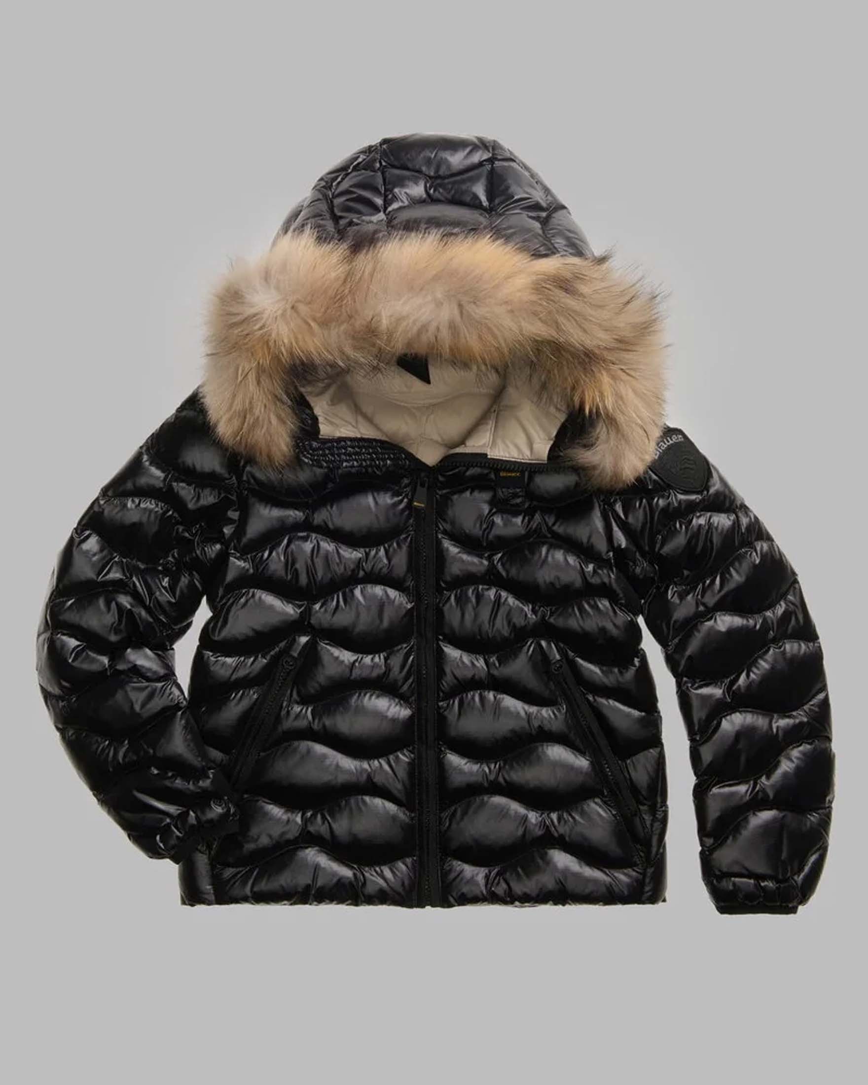Piumino Jenton Blauer nero in nylon lucido trapuntato con cappuccio e pelliccia