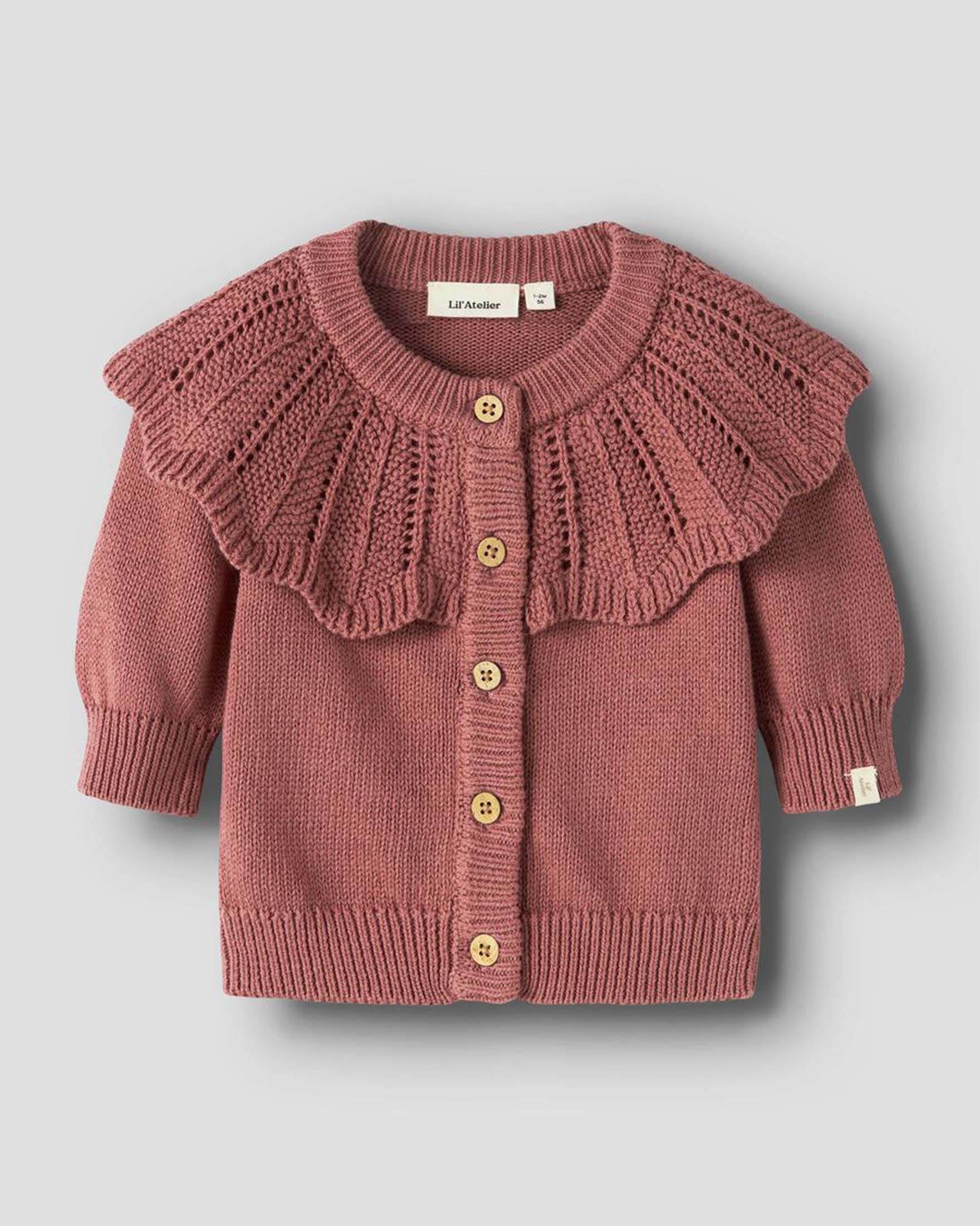 Cardigan Lil'Atelier color malva in cotone con maxi colletto ricamato