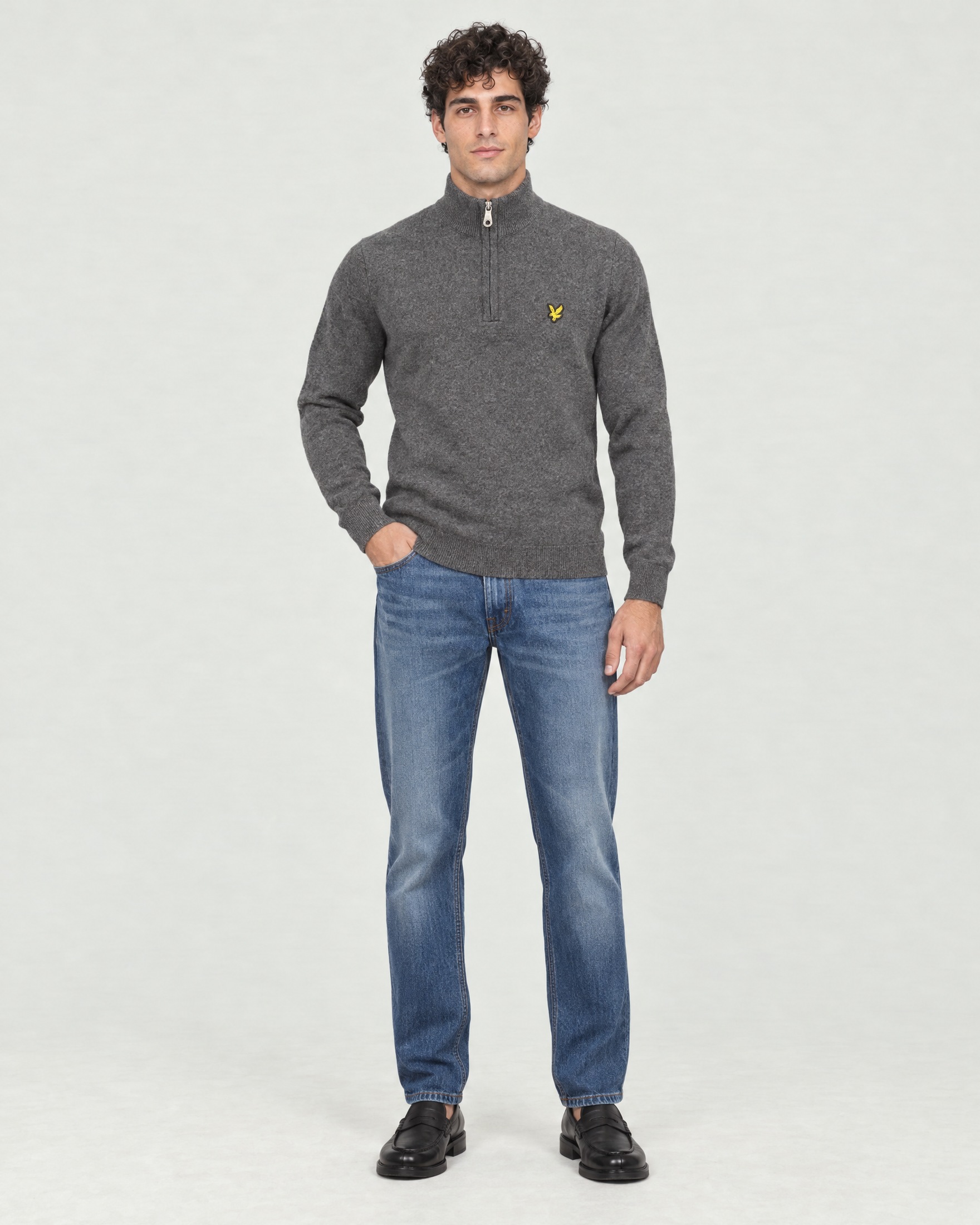 Maglione con mezza zip Lyle & Scott grigio antracite in misto cotone e lana merino