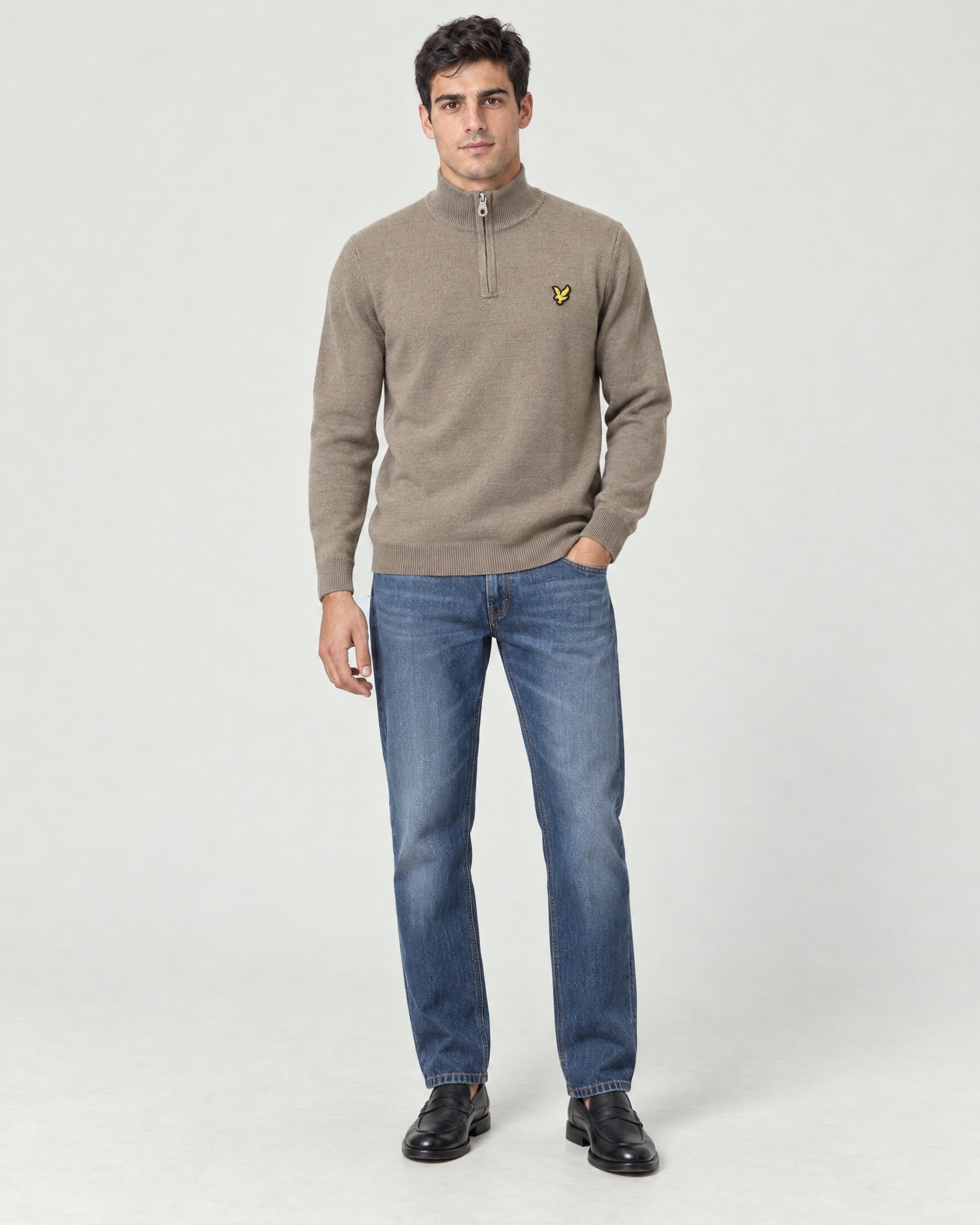 Maglione con mezza zip Lyle & Scott fango in misto cotone e lana merino