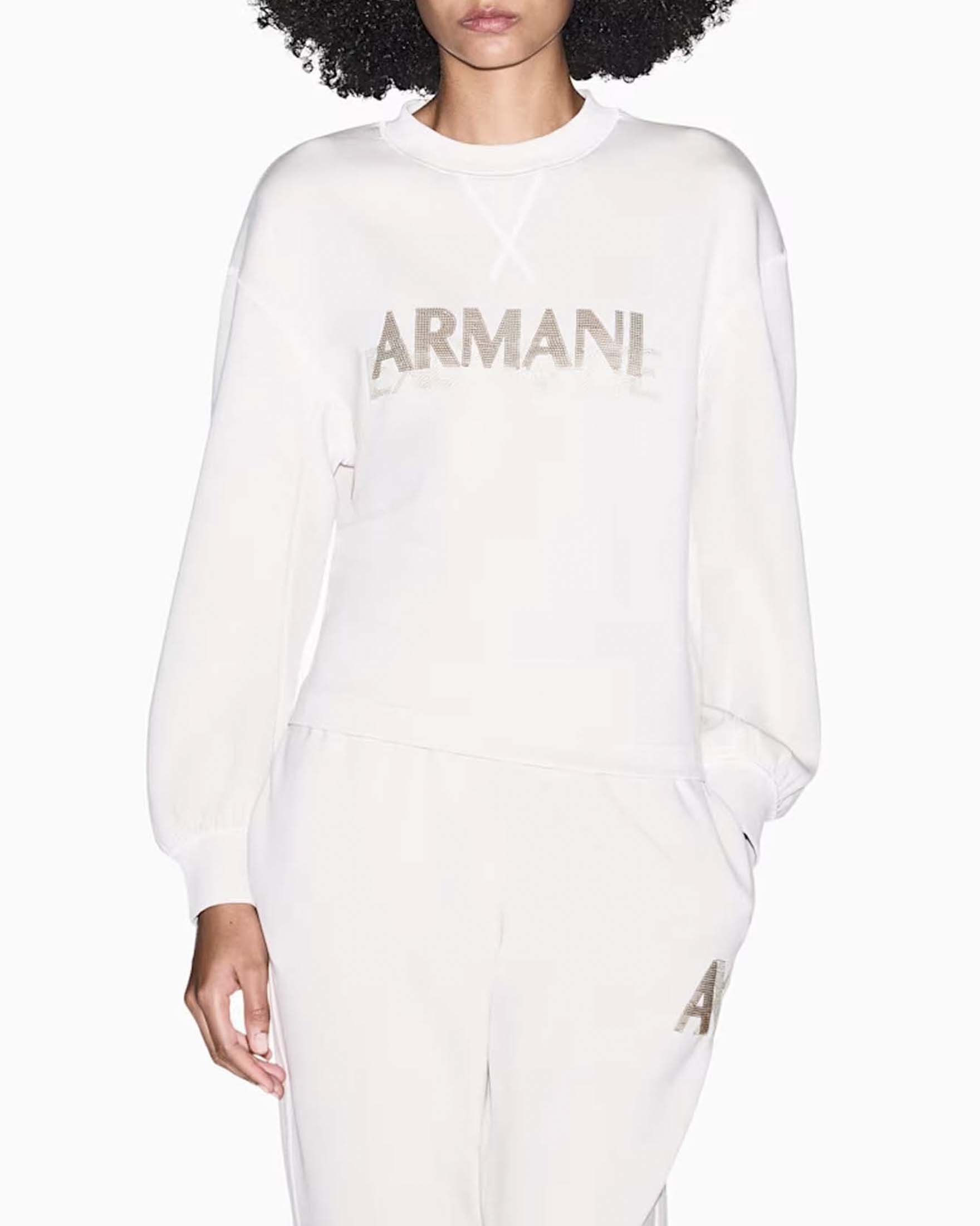 Felpa girocollo Armani Exchange color gesso in tessuto scuba stretch con scritta logo in paillettes