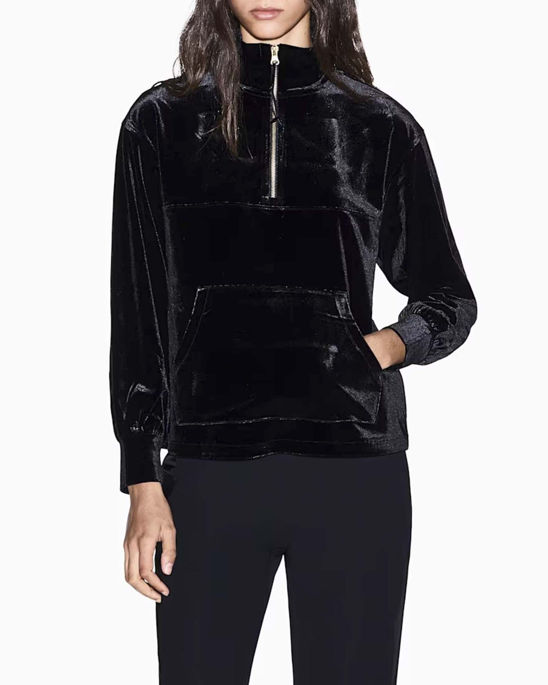 Felpa Armani Exchange nera in velluto elasticizzato con mezza zip e strass sul retro