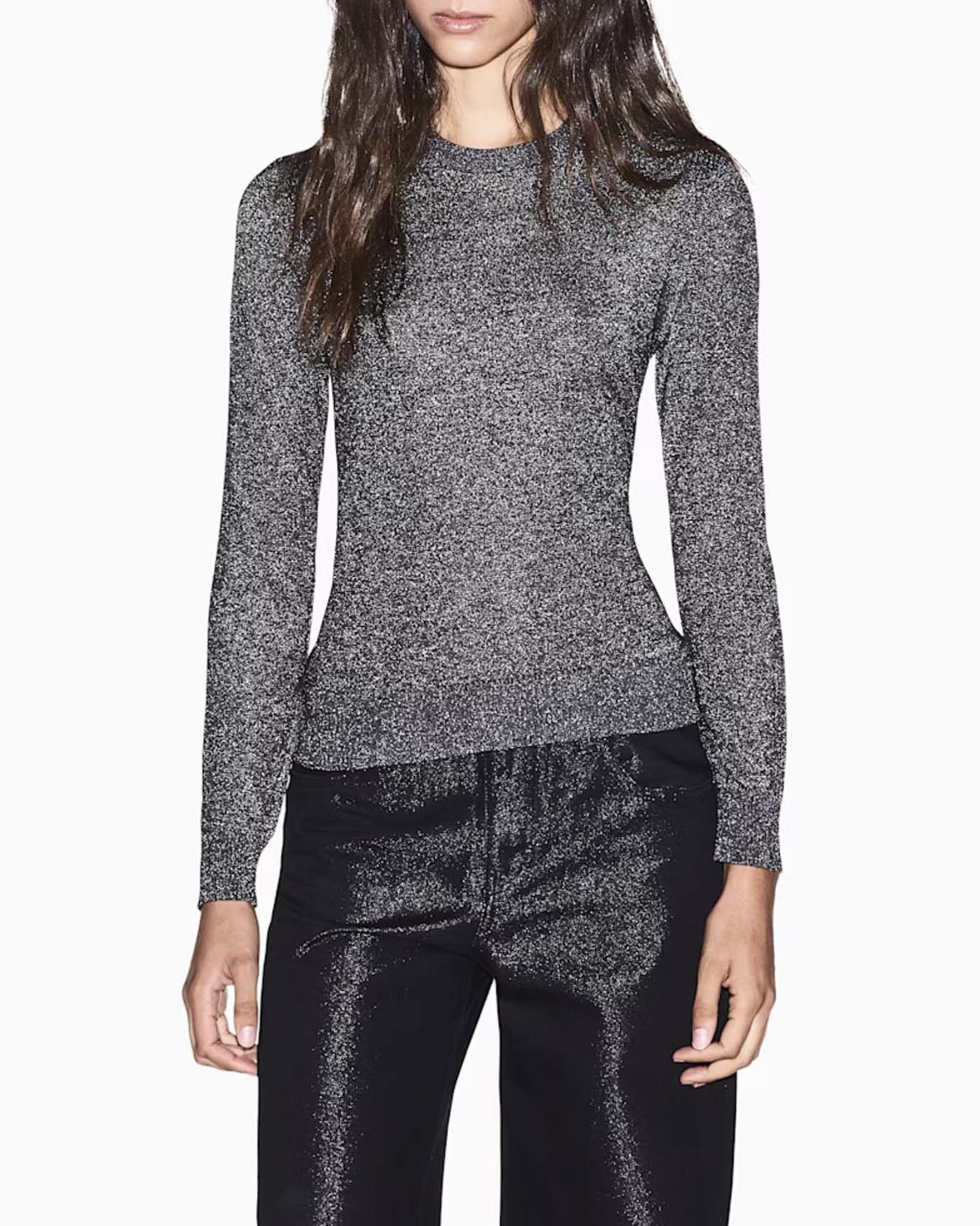 Maglia girocollo Armani Exchange grigia in viscosa metallizzata con finiture a coste