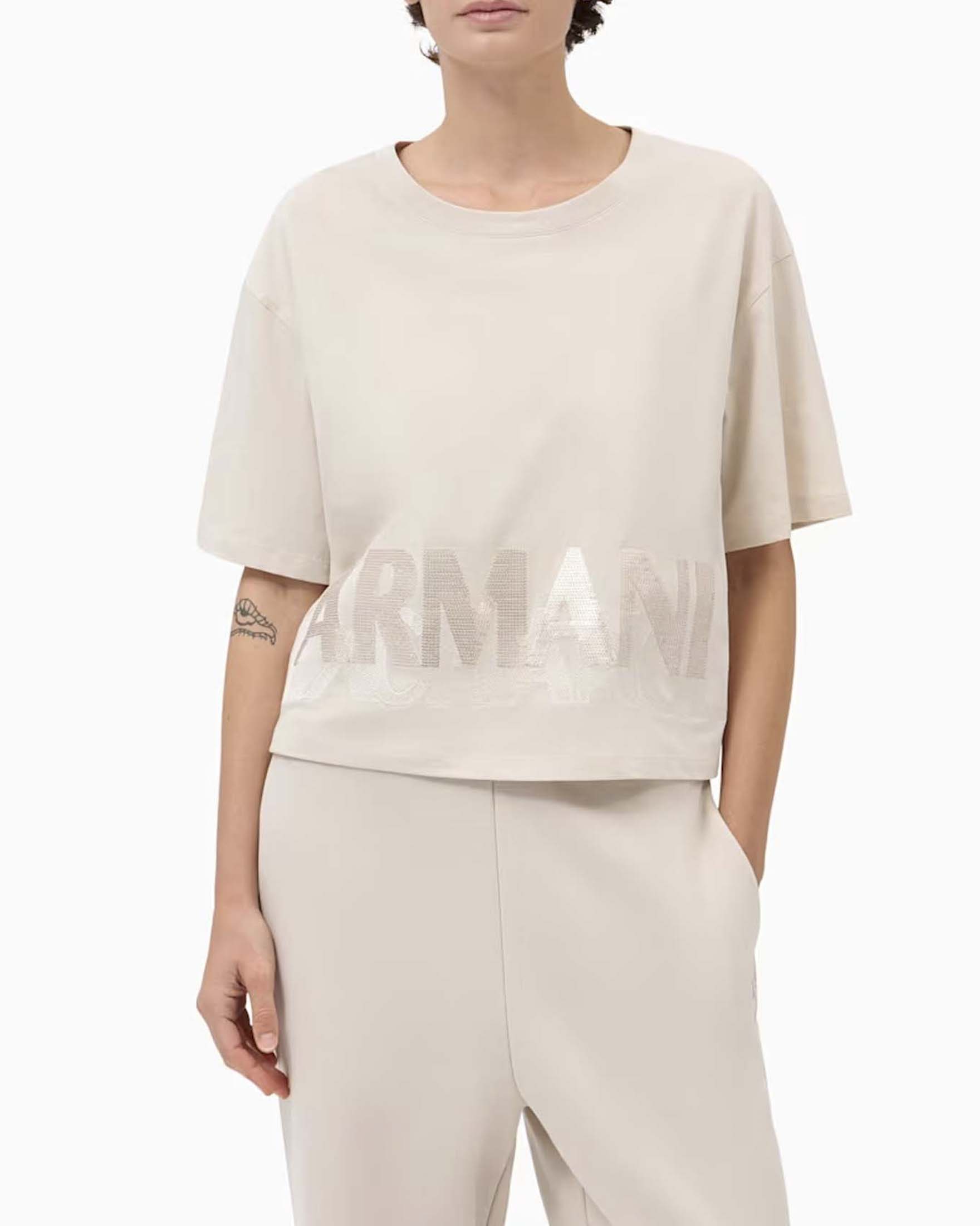 T-shirt cropped regular Armani Exchange color gesso in jersey di cotone con scritta logo in paillettes