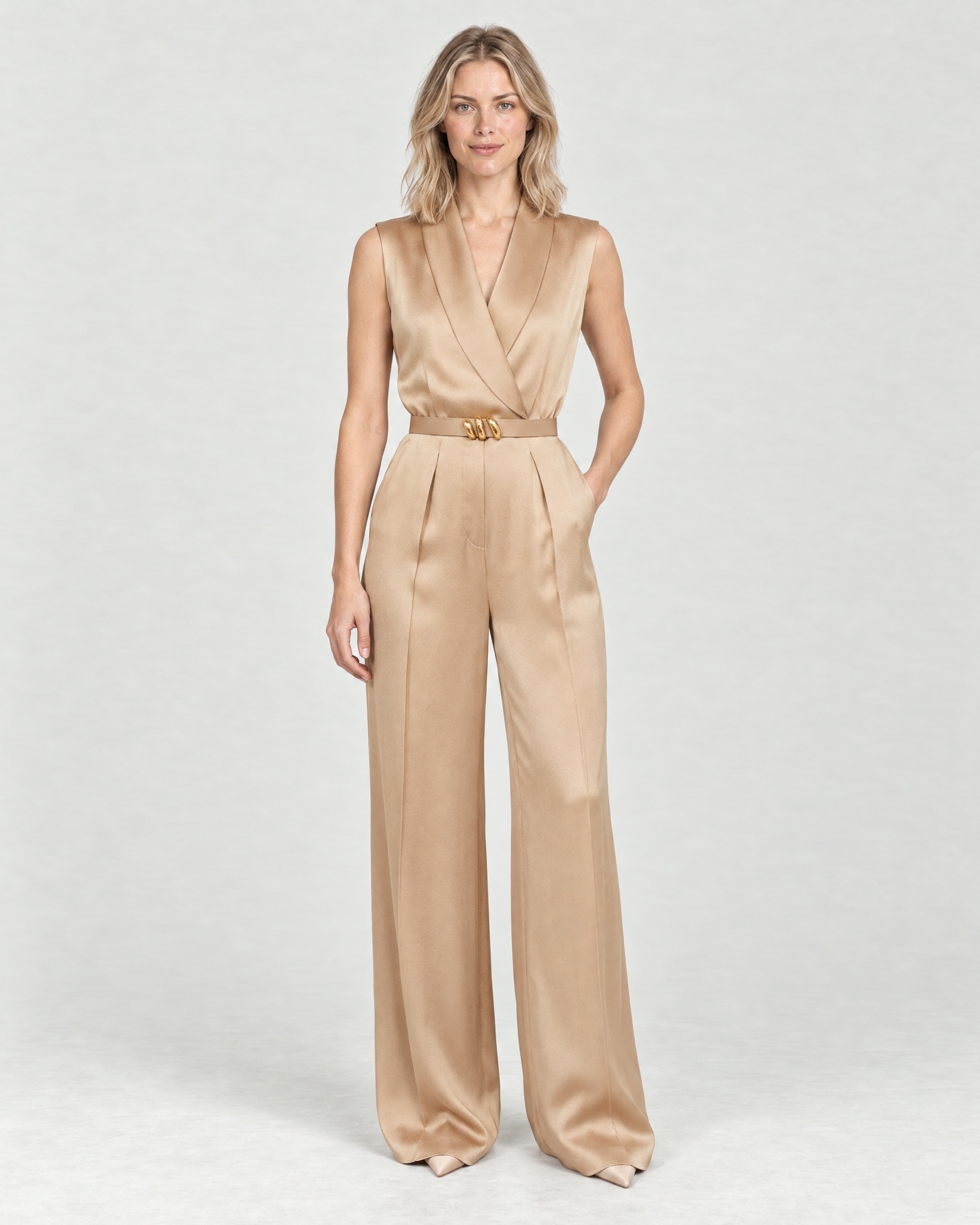 Tuta smoking smanicata Max Mara Studio oro in envers satin crêpe con pantaloni ampi